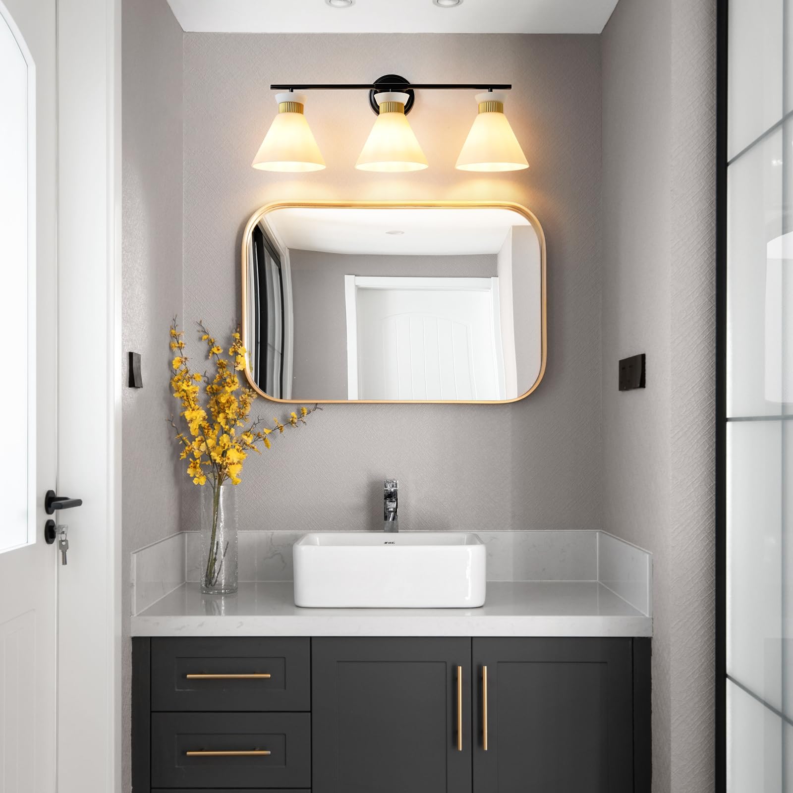 WOSHITU Gold Bathroom Light Fixtures: Modern Vanity Lighting Fixtures 2 Lights for Bathroom Mid Century Vanity Light Sconces Over Mirror with Frosted Milky Glass for Bath Bedroom Makeup