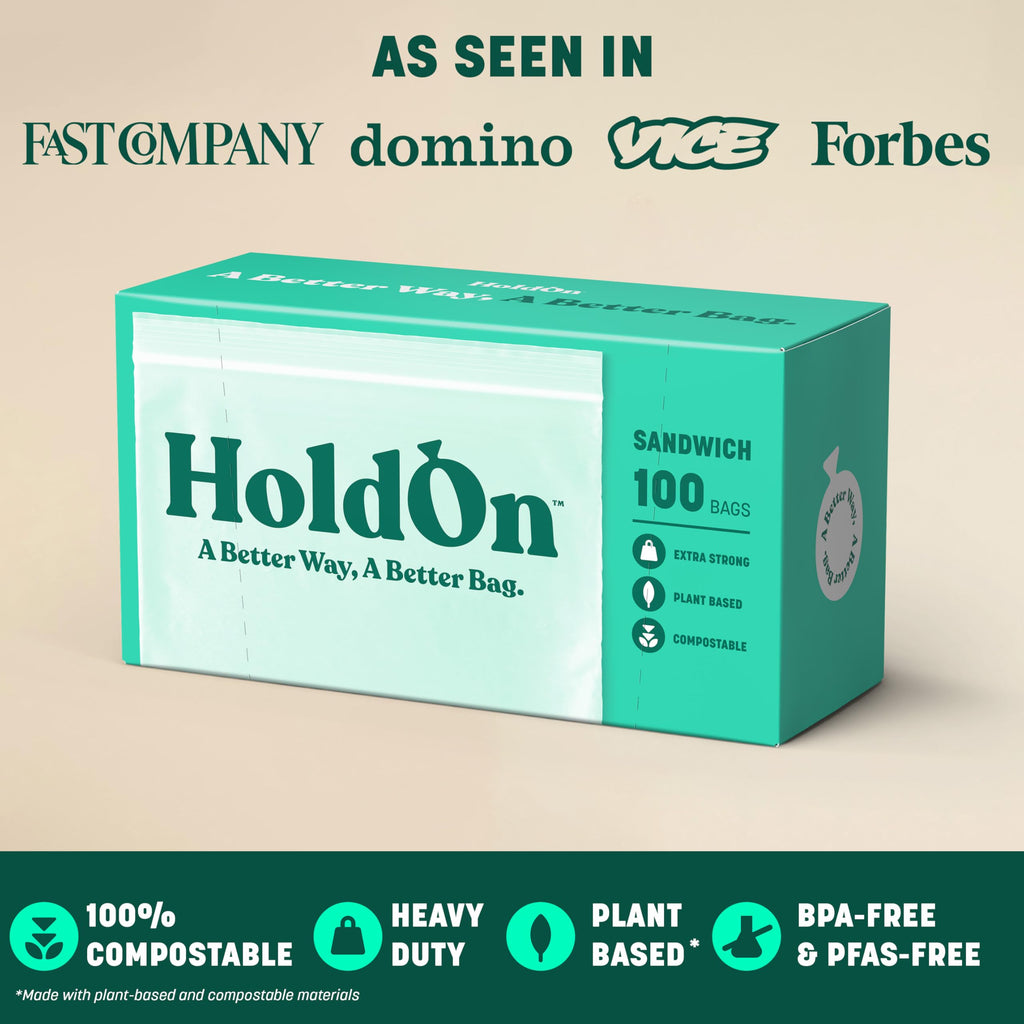 HoldOn Compostable Zip Lock Sandwich Bags, 200 Bags - Leak Proof Sandwich Size Storage Bags for Travel & Kitchen Meal Prep & On-The-Go Snacks - Resealable Food Storage Bags - BPA-Free, BPI Certified
