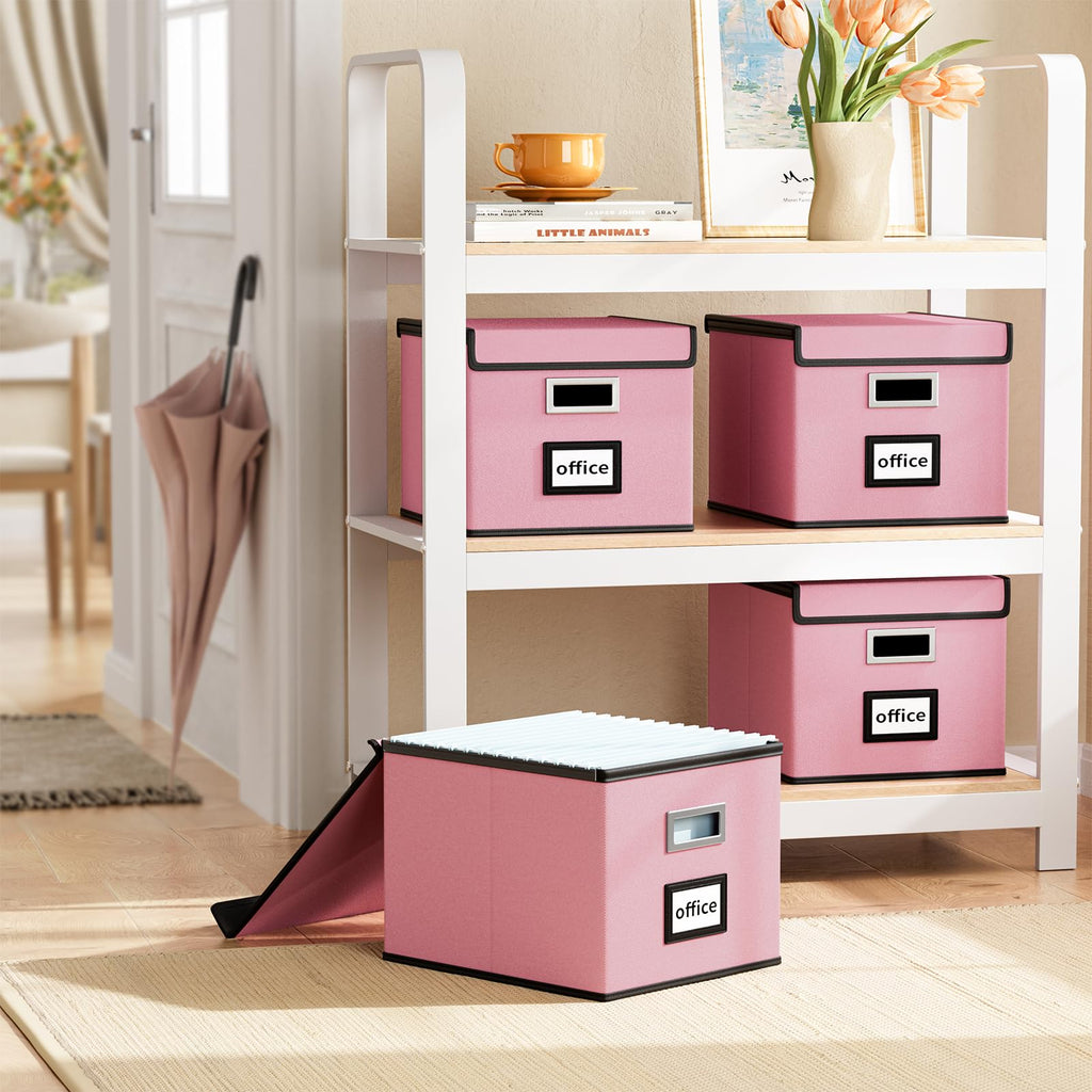 File Organizer Box with Lid, Collapsible Faux Leather Hanging File Folder Box Organizer with Plastic Slides, Decorative Home/Office Filing System Boxes for File and Folders Storage