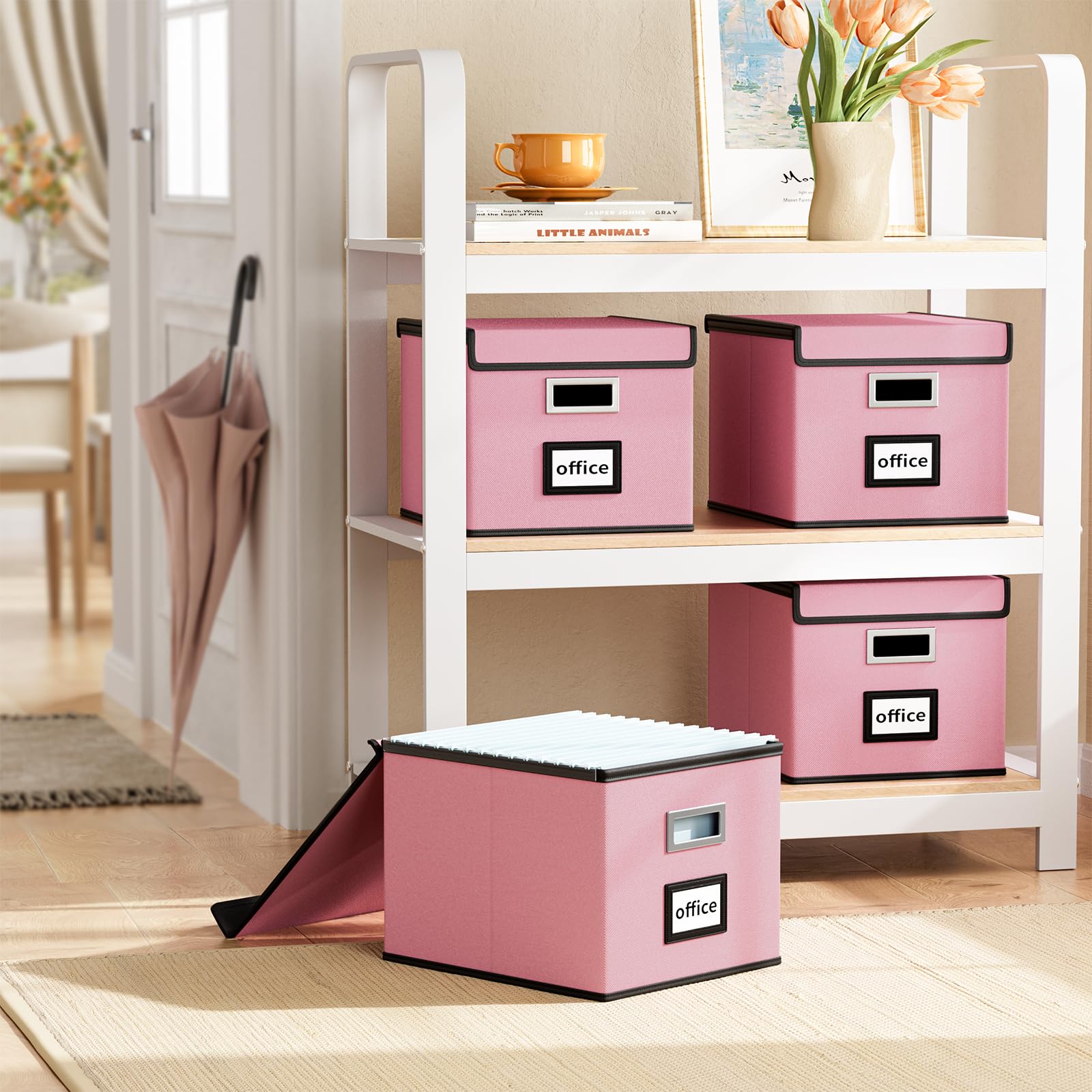 File Organizer Box with Lid, Collapsible Faux Leather Hanging File Folder Box Organizer with Plastic Slides, Decorative Home/Office Filing System Boxes for File and Folders Storage