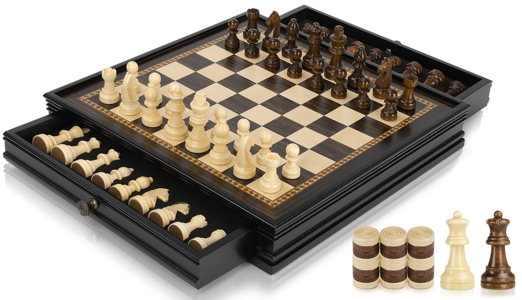 Peradix Magnetic Chess and Checkers Set with 2 Built-in Storage Drawers, Classic 2 in 1 Wooden Board Games, Magnetic Chess Pieces 2 Extra Queens, 12.8" Chess Set for Adults and Kids Gift Package