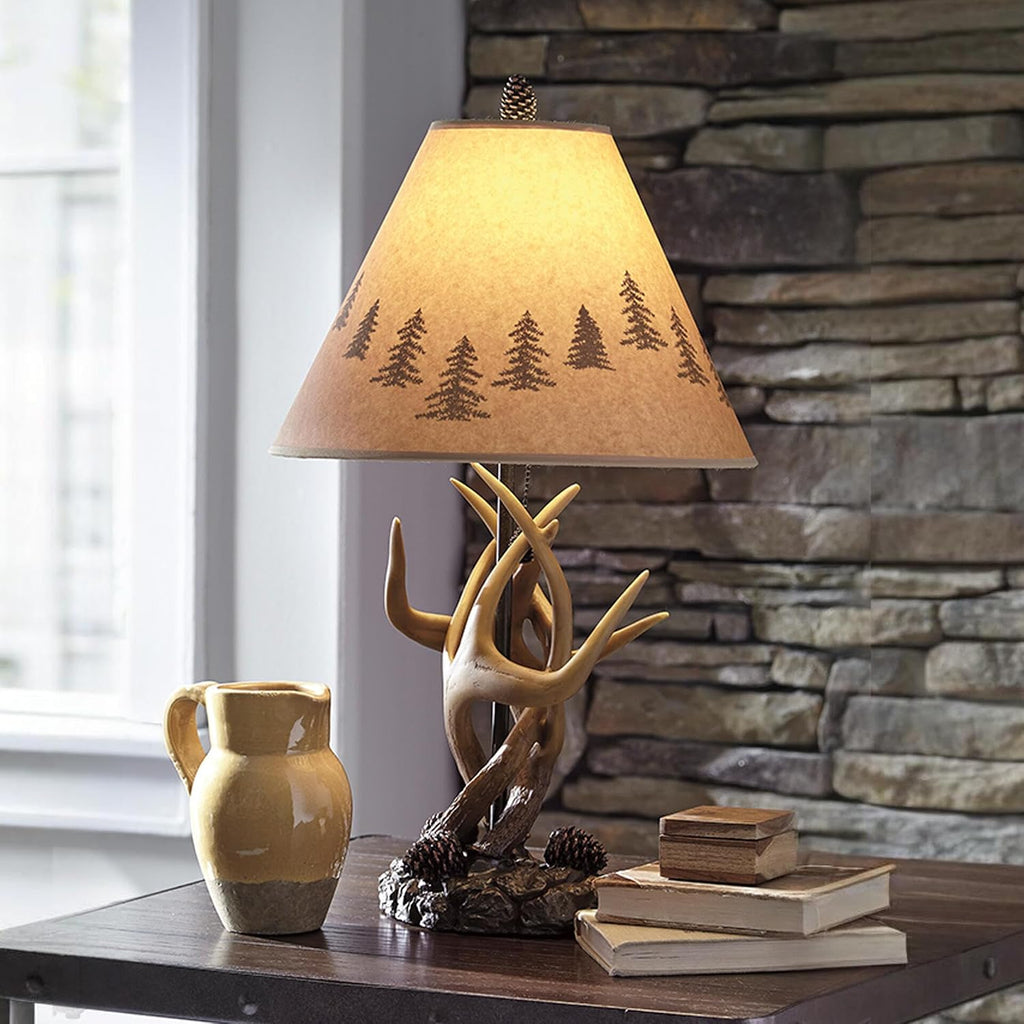 Signature Design by Ashley Derek Rustic Cabin Antler Lamp Set, 2 Count, Paper Silhouette Shade, Pull Chain Switch, 13.88" W x 13.88" D x 23.75" H, Brown