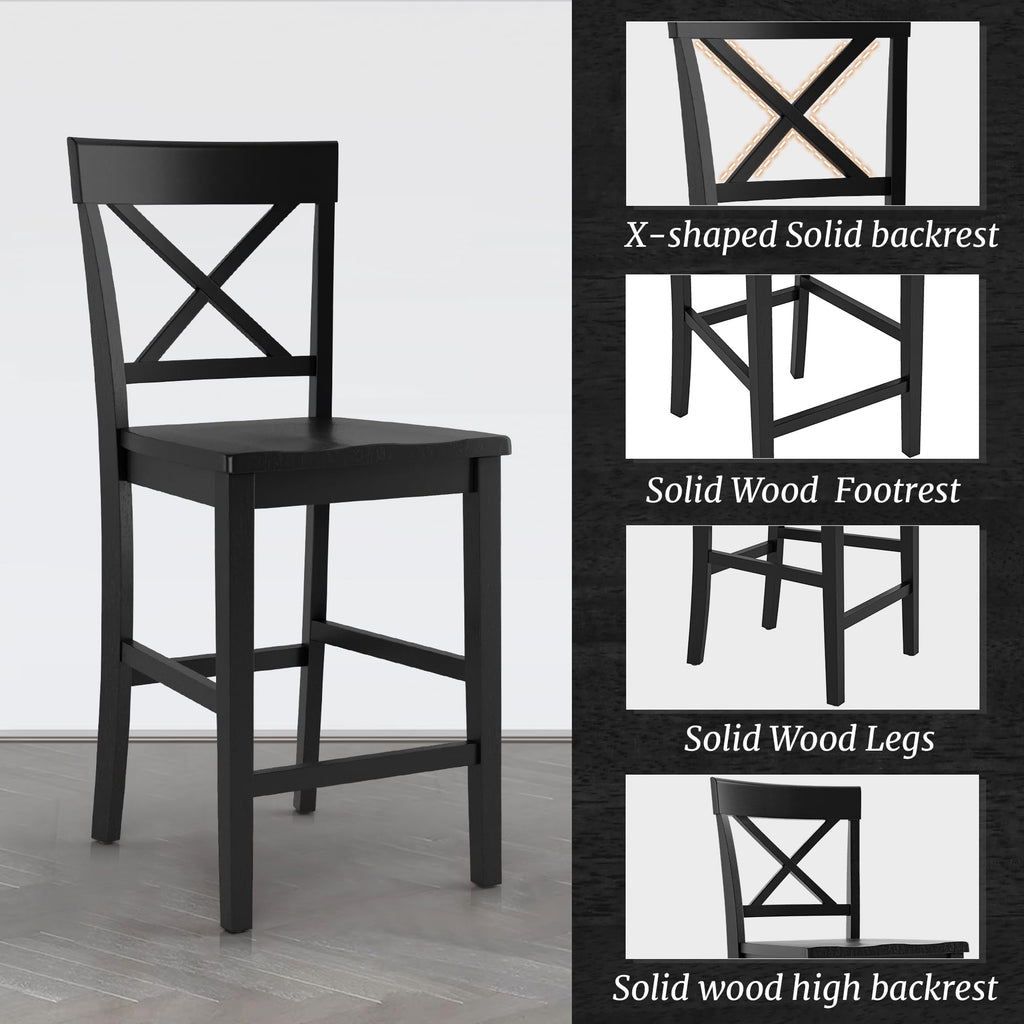 Cozyman Bar Stools Set of 2, 24" H Wooden Counter Stools with Back and Footrest, X-Back Farmhouse Barstools for Kitchen Island, Home Bar, Black