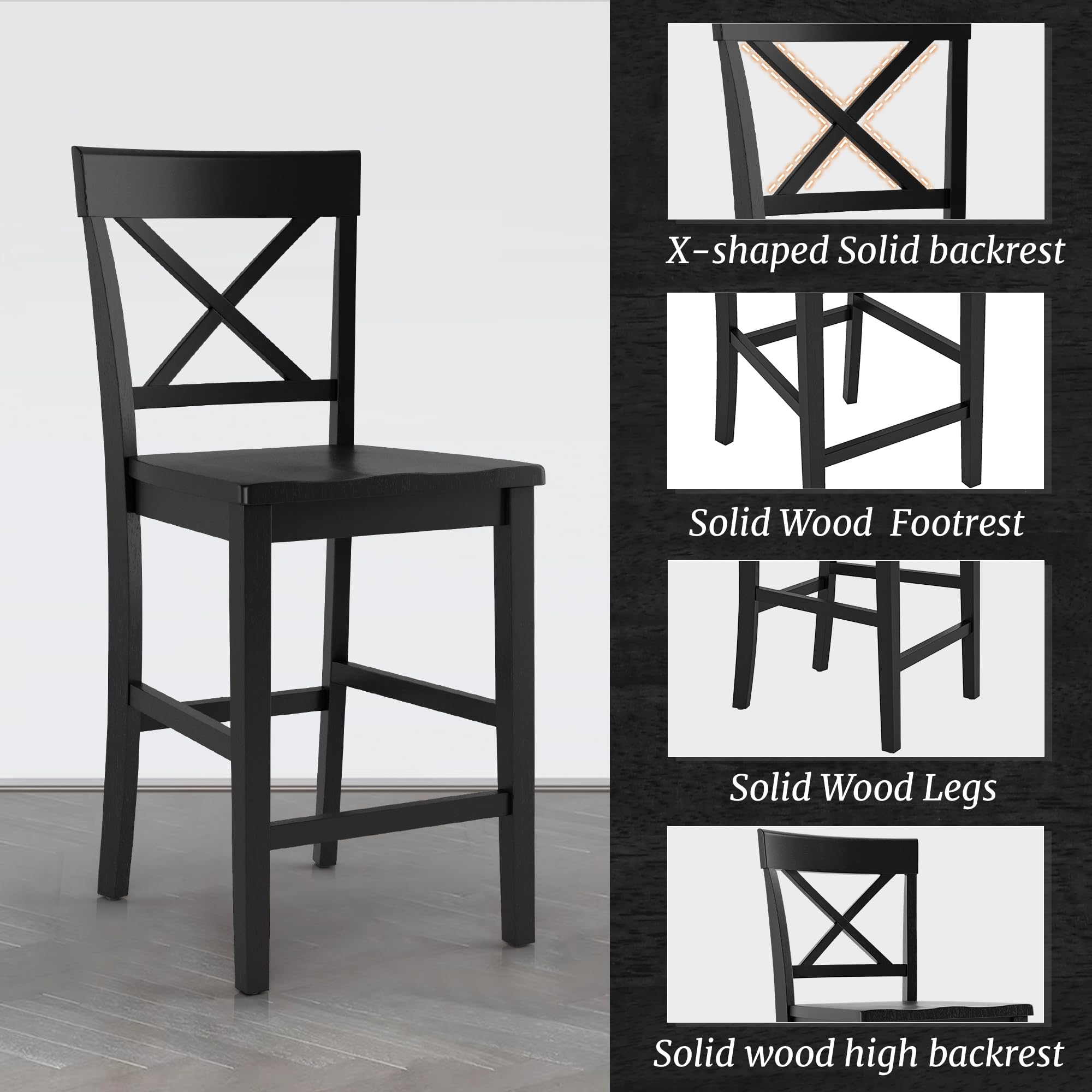 Cozyman Bar Stools Set of 2, 24" H Wooden Counter Stools with Back and Footrest, X-Back Farmhouse Barstools for Kitchen Island, Home Bar, Black