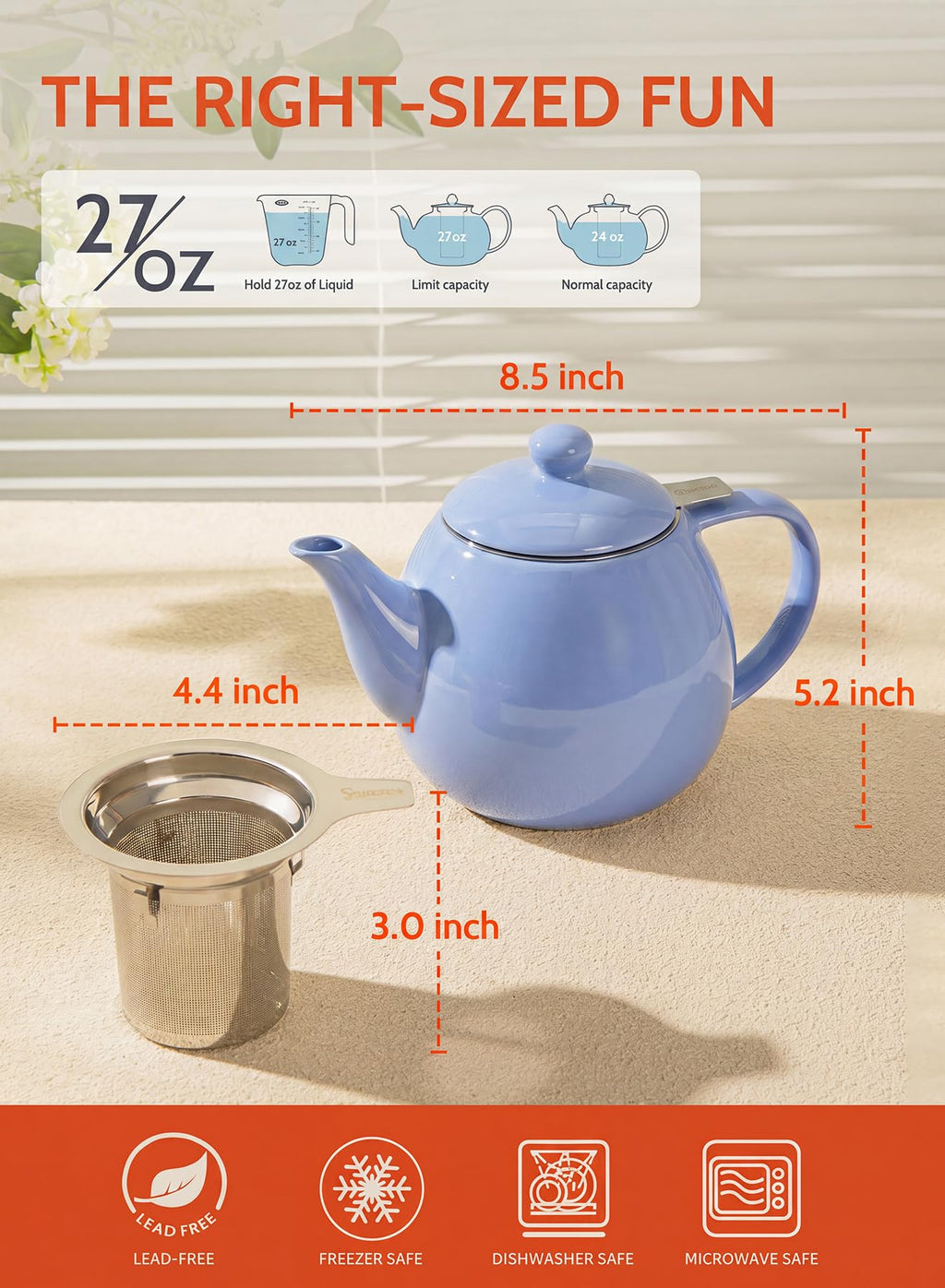 Sweese Porcelain Teapot 27 oz with Infuser for Loose Leaf Tea, Bluish Grey