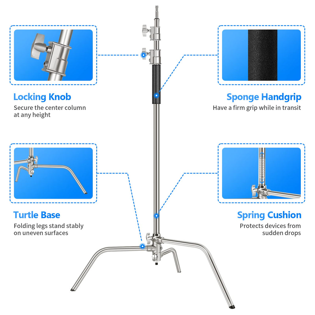 NEEWER Pro 100% Stainless Steel Heavy Duty C Stand with Boom Arm, Max Height 68"/172cm Photography Light Stand with 2.7ft/83cm Holding Arm, 2 Grip Head for Studio Monolight, Softbox, Reflector, SC172