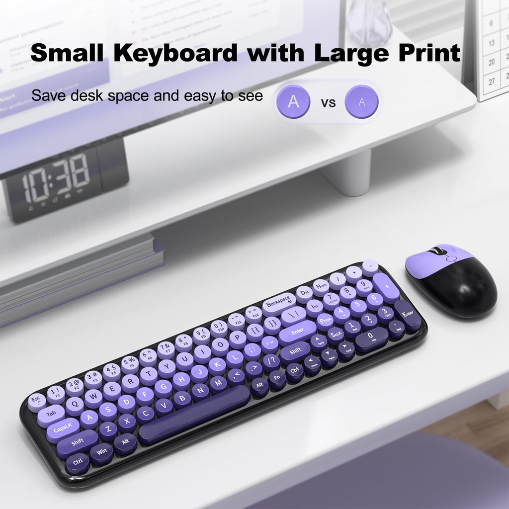 MOFII Wireless Keyboard and Mouse Combo, Compact Typewriter Retro Round Computer Keyboard and Mouse Set, Plug and Play, for Windows, Computer, Desktop, PC, Notebook - Black Green Gradient