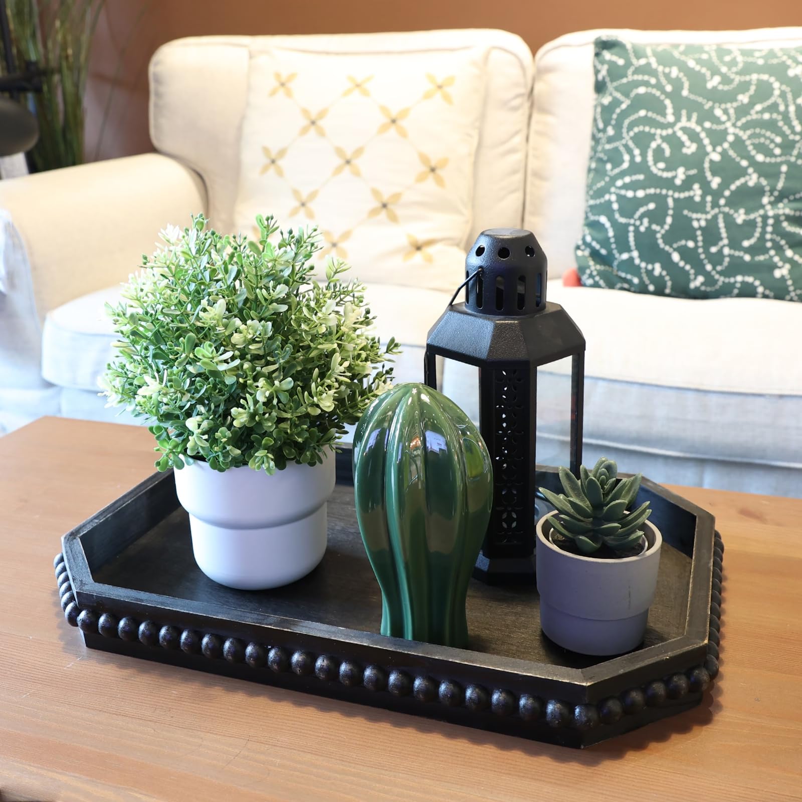 Hrastany Wood Rustic Serving Tray with Beads, Farmhouse Black Decorative Tray for Table Centerpiece, Christmas Wedding Halloween Home Decor