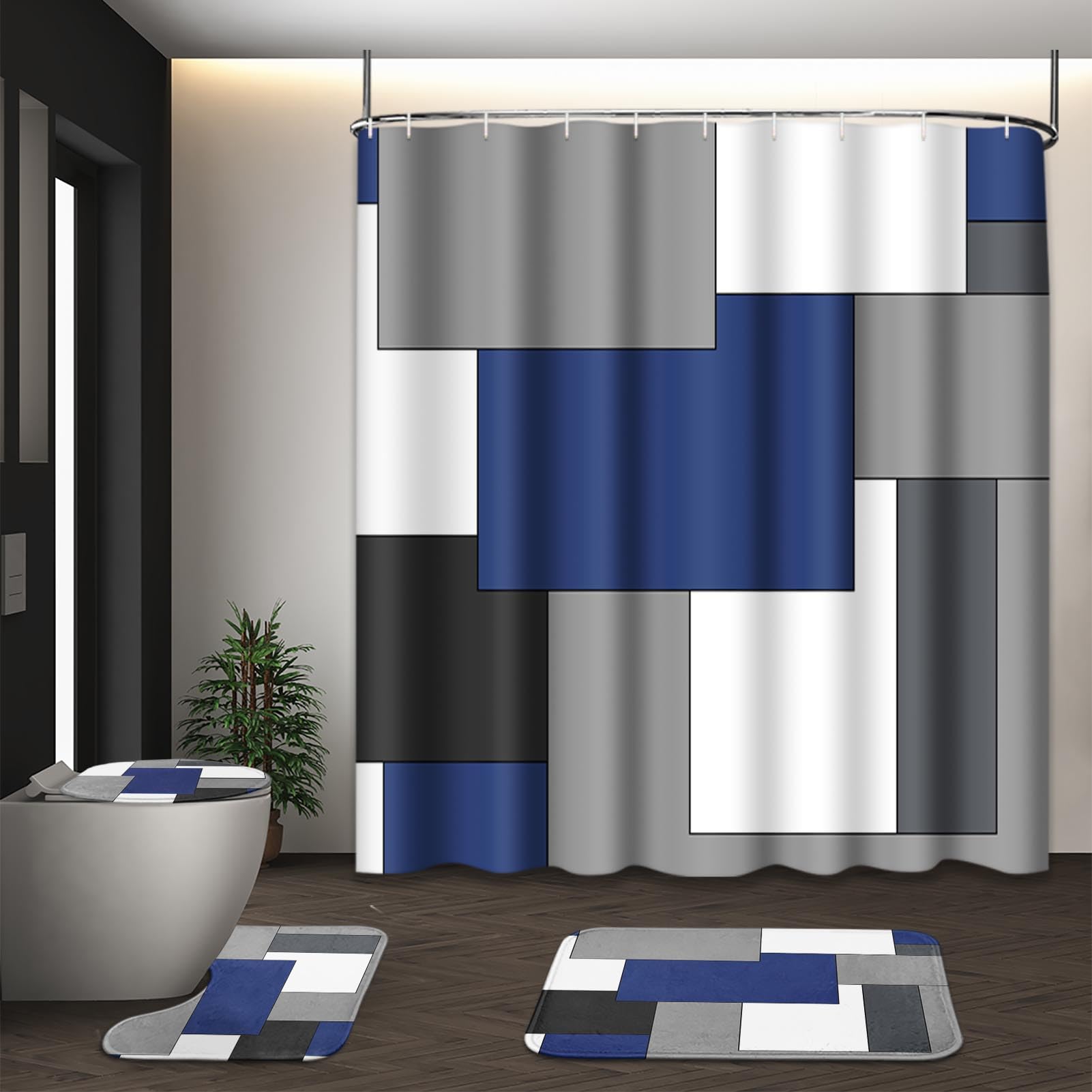 Beige Geometric Shower Curtain Set with Toilet Lid Cover and Non-Slip Rugs for Bathroom, Black Grey White Checkered 4 Pcs Shower Curtain, Modern Abstract Bathroom Set with 12 Hooks