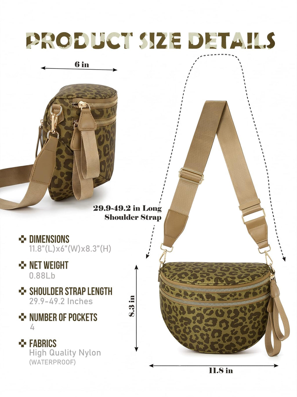 Pure Colour Crossbody Bag Bum Bag for Women,Spacious Purse Fanny Packs Belt Bag,Oversized Bum Bag (Bean Green Leopard Print Bum Bag)