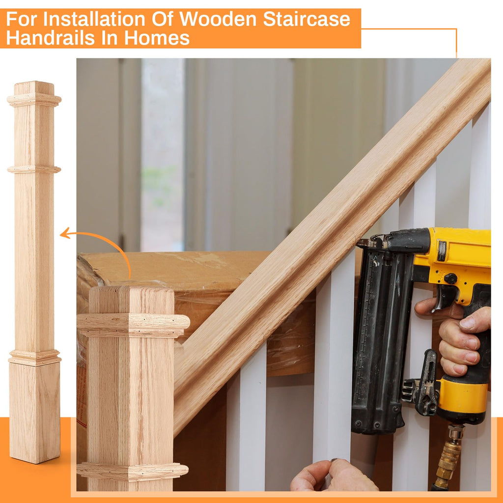 Wonderjune 1 Pcs 48 Inch Red Oak Stair Newel Post with 3 1/2" Post and 4 1/2" Pedestal, Wood Box Newel with Pedestal for Staircase, Plain Style Wood Balusters Interior for Stair Remodeling