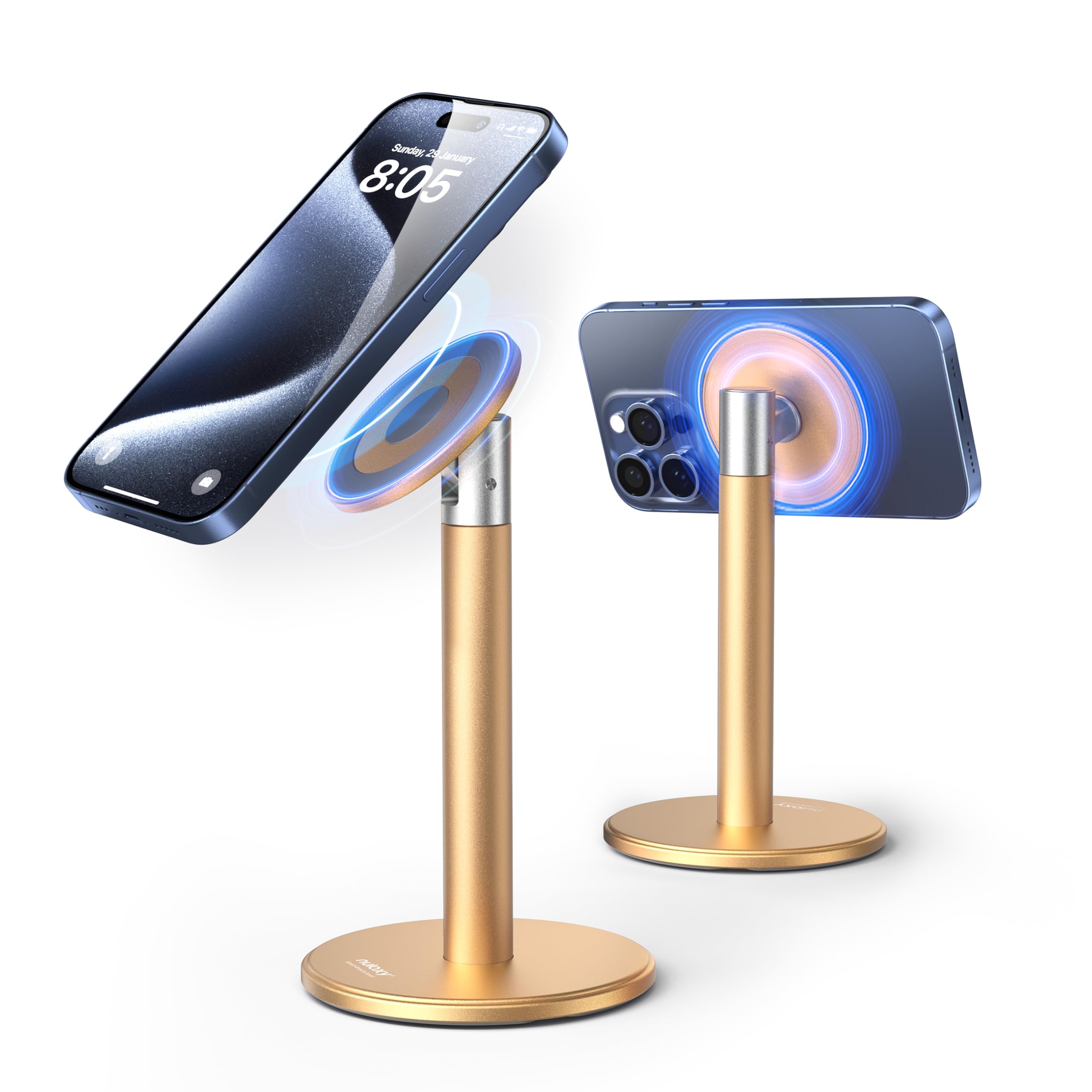 Nulaxy Magnetic Full Aluminum Cell Phone Stand for MagSafe with Metal Ring, 360 Rotating Phone Stand for Desk, Office Desk Accessories, Adjustable Phone Holder Compatible with All Phones, Gray
