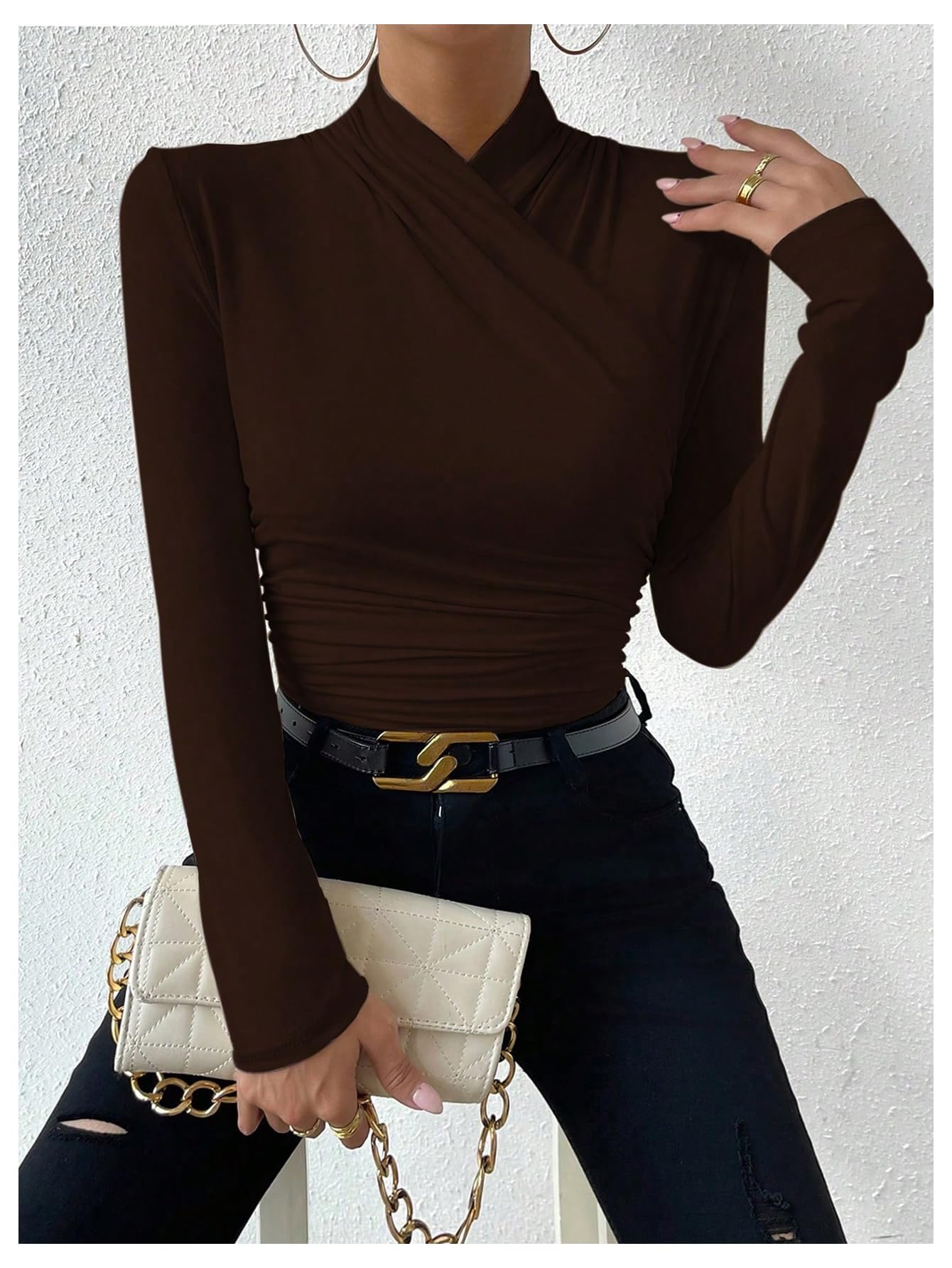 SweatyRocks Women's Ruched Mock Neck Long Sleeve T Shirt Solid Slim Fitted Tee Tops