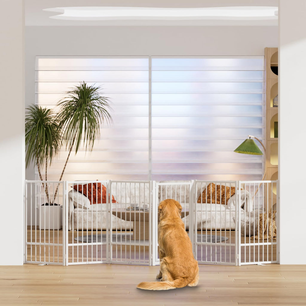 SNUOWU Full Metal Freestanding Dog Gate with Door, 24'' Height Foldable Pet Dog Fence for Indoor & Outdoor, 2 Panels Extra Wide Free Standing SmallDog Gates for Doorways,House,Stairs,Porch,Deck,Yard
