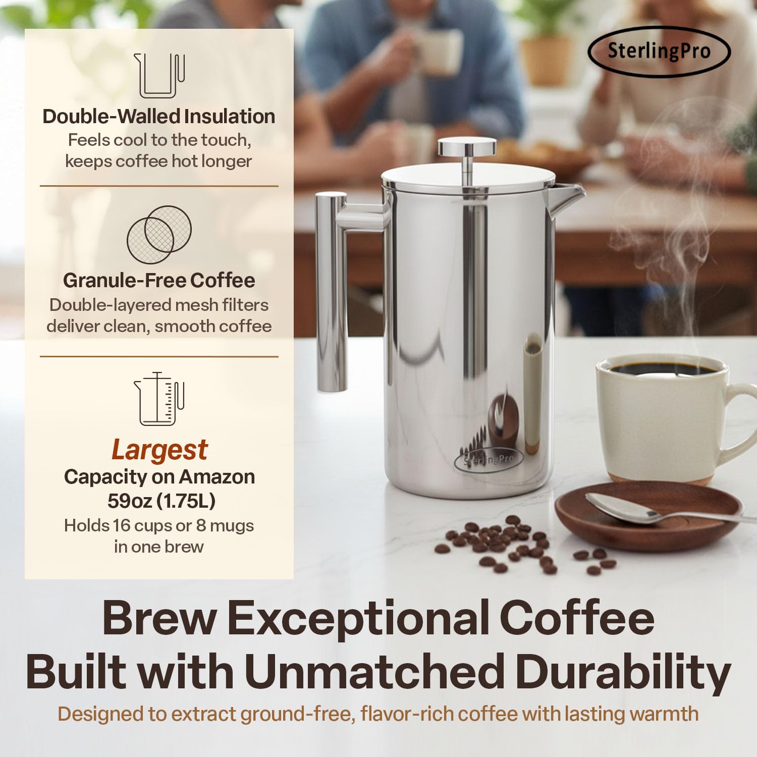 SterlingPro Stainless Steel French Press Coffee Maker 1 L (34 oz) Black – Double Walled Insulated Large Coffee Press, Durable Design Keeps Drinks Hot, Easy to Use and Clean for Rich Flavor Brewing