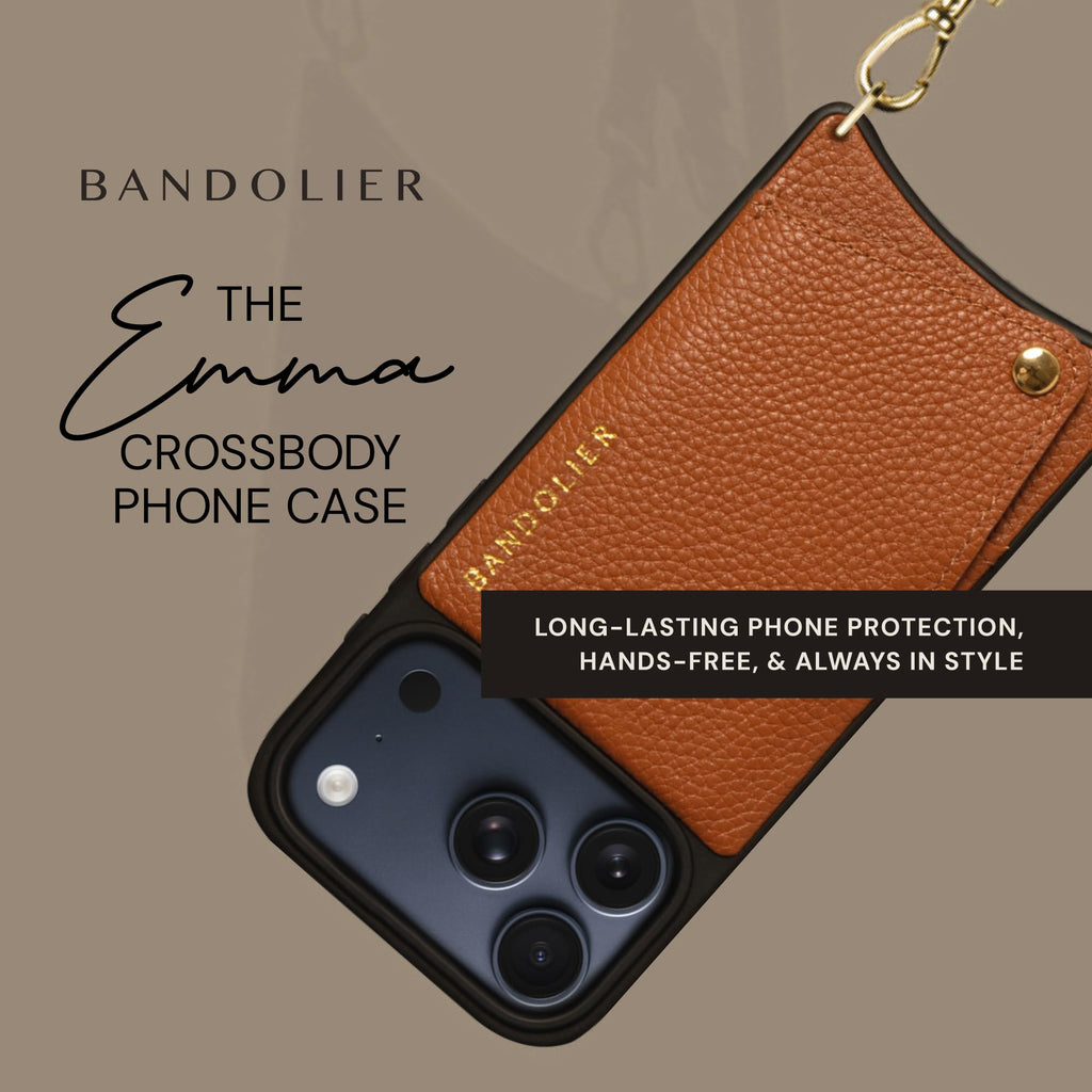 Bandolier Emma Crossbody Wallet Phone Case for iPhone 15 Pro Max. 100% Genuine Pebble Leather. Adjustable & Removable Crossbody Strap. Card Holder with Snap Closure. Black with Gold Hardware