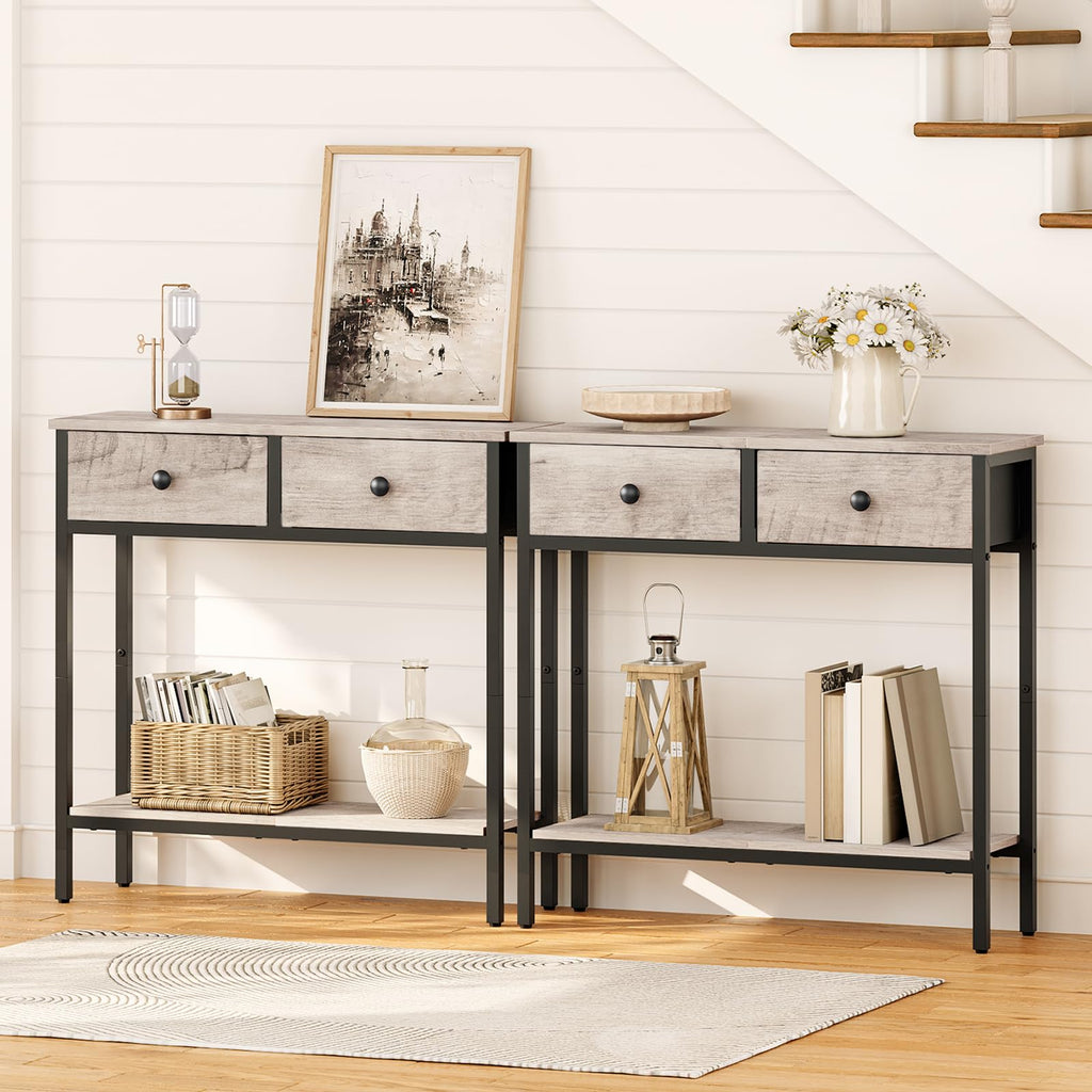HOOBRO 29.5" Narrow Console Table with 2 Fabric Drawers, Small Entryway Table with 2-Tier Storage Shelves, Sofa Table, Behind Couch Table, for Living Room, Hallway, Black BB71XG01