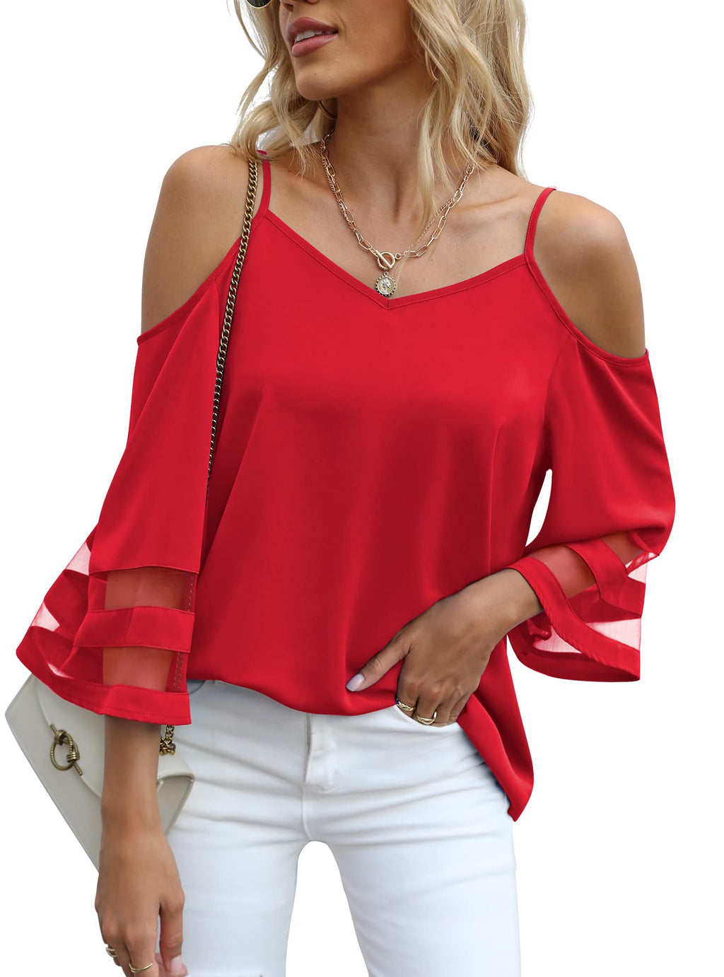 Jouica Womens Summer Cold Shoulder Tops Mesh Panel 3/4 Bell Sleeve Tees Adjustable Spaghetti Strap Loose Fit Shirts