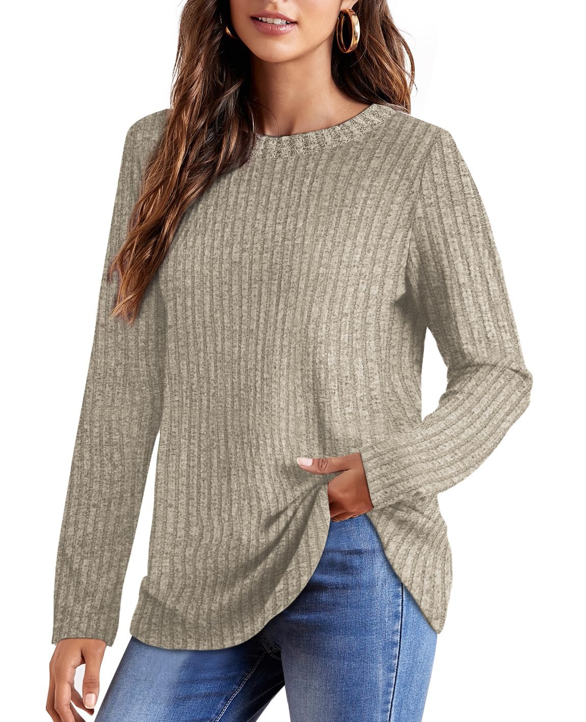 OFEEFAN Long Sleeve Shirts for Women Loose Fit Crew Neck Tunic Tops Blouse Dressy Casual Fall Winter Clothes Outfits
