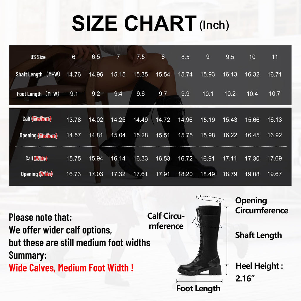 Jeossy Women's Knee High Combat 9603 Boots, Tall Platform Chunky Heel Boots Wide Claf