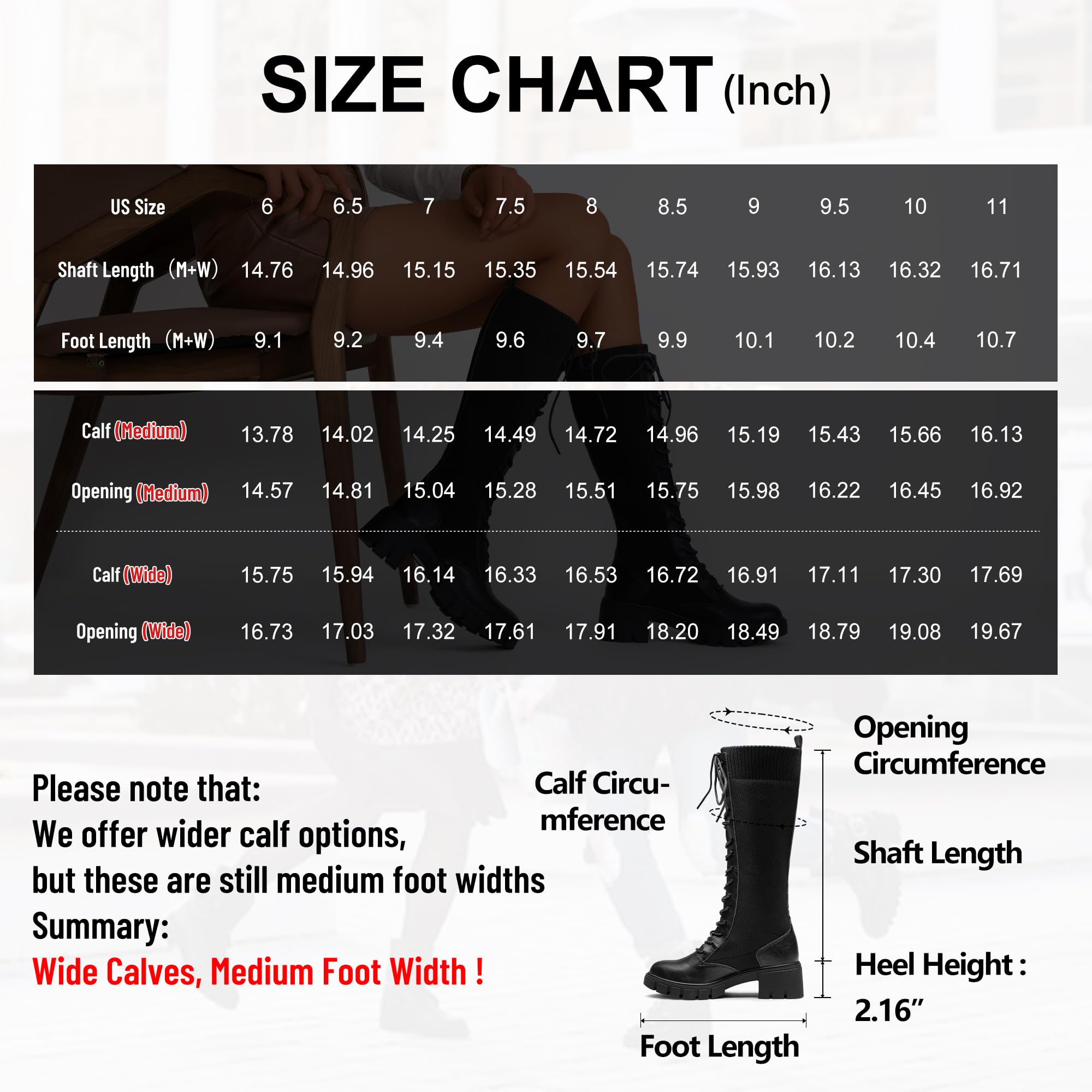 Jeossy Women's Knee High Combat 9603 Boots, Tall Platform Chunky Heel Boots Wide Claf