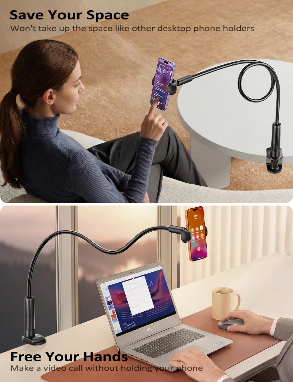 Tryone Gooseneck Phone Holder Hands-Free for Phone Viewing Or Recording, Adjustable Stable Metal Cell Stand Mount for Desk Table Bed, Soporte para Celular, Fits 4-7 Phones Including iPhone - Black