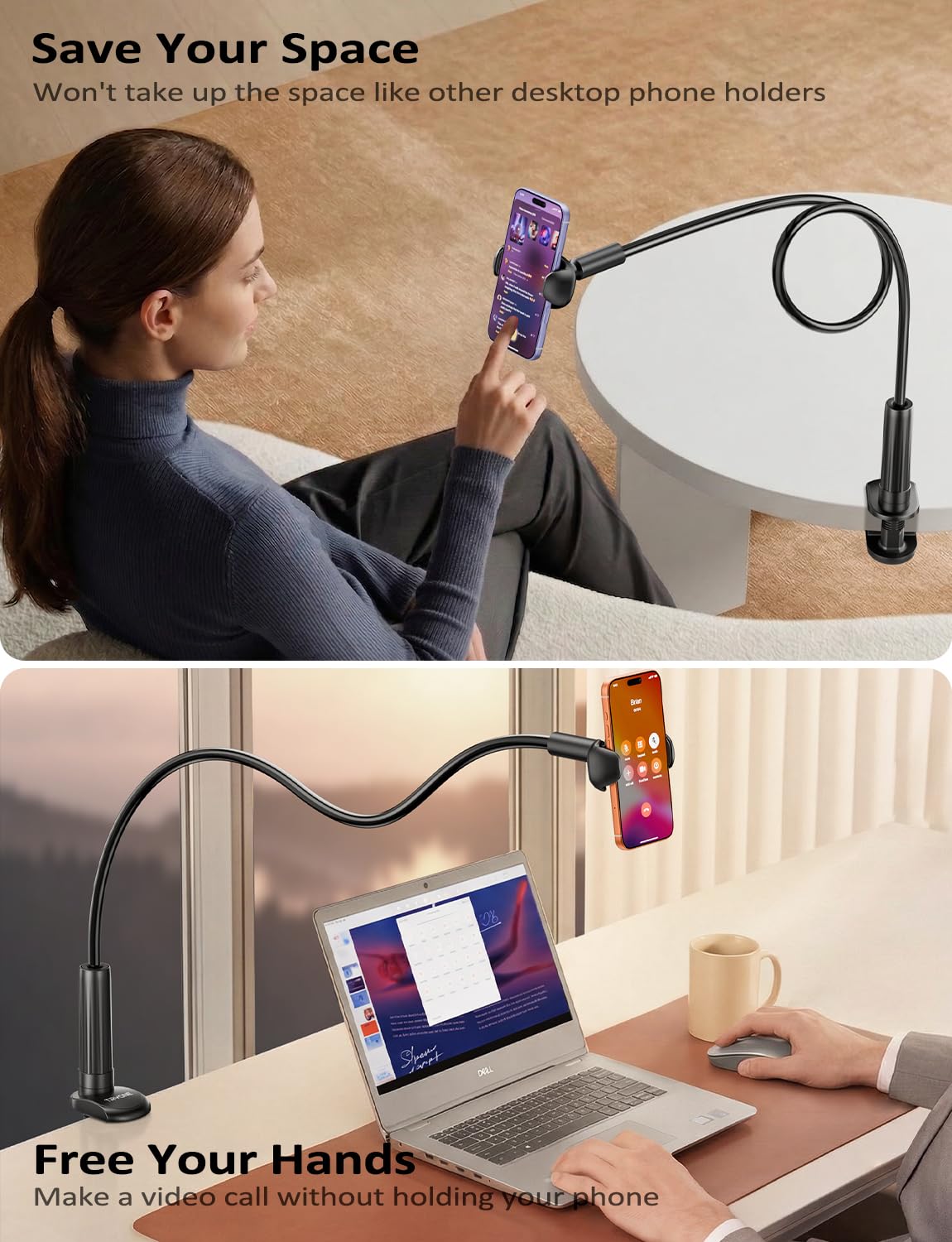 Tryone Gooseneck Phone Holder Hands-Free for Phone Viewing Or Recording, Adjustable Stable Metal Cell Stand Mount for Desk Table Bed, Soporte para Celular, Fits 4-7 Phones Including iPhone - Black