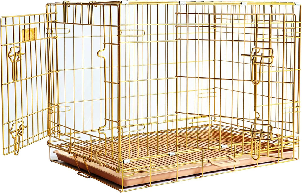 HOMEY PET 24" Gold Color Folding Design Dog Crate Puppy Ertra Small Breed Dog Kennels with Removable Floor Grid and Pull Out Tray, Dog Cage Copper Gold Finish