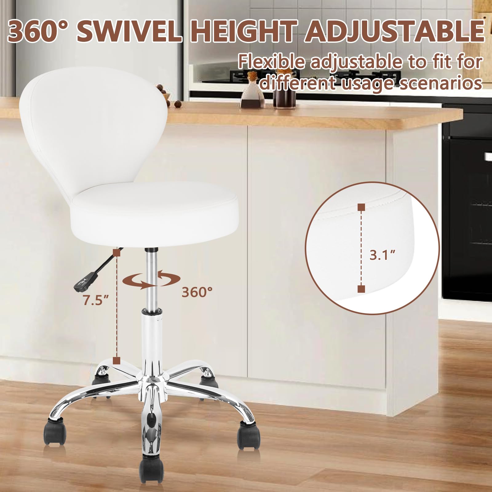 KLASIKA Leather Rolling Swivel Salon Stool Chair with Back Support Adjustable Hydraulic Seat Height 22 in for Office Massage Facial Spa Medical Drafting Tattoo Beauty Barber