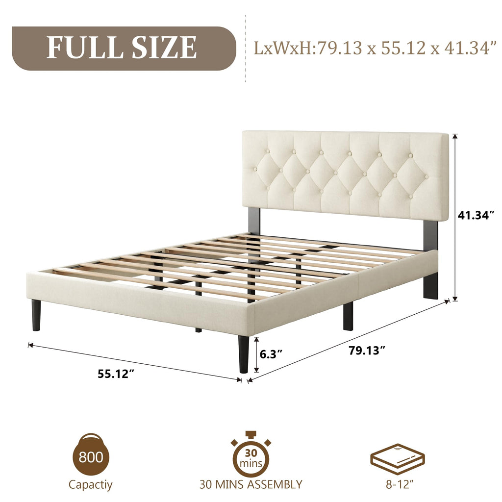 CXVX Full Size Platform Bed Frame with Upholstered Headboard, Button Tufted Design, Strong Wooden Slats, No Box Spring Needed, Easy Assembly, Noise Free