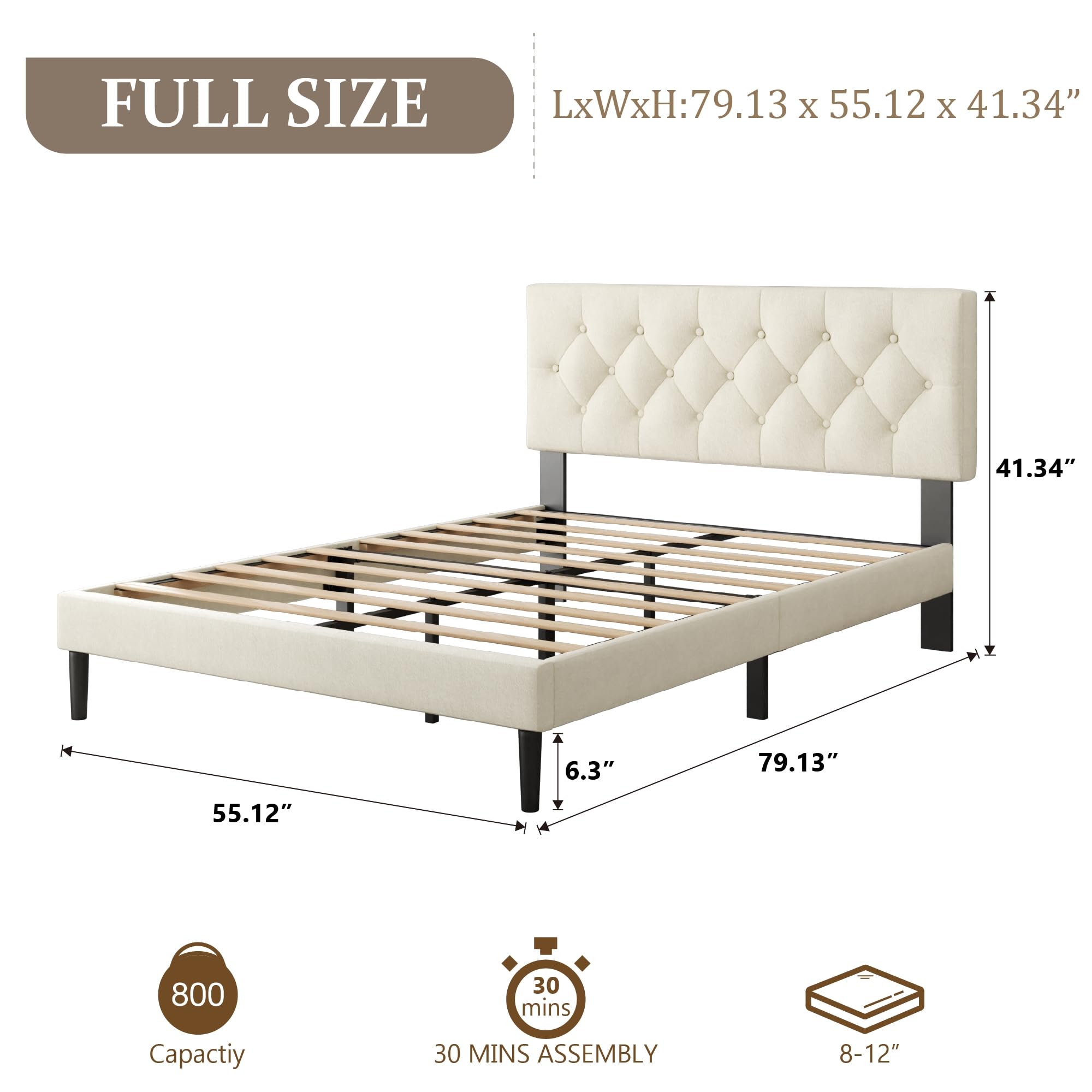CXVX Full Size Platform Bed Frame with Upholstered Headboard, Button Tufted Design, Strong Wooden Slats, No Box Spring Needed, Easy Assembly, Noise Free