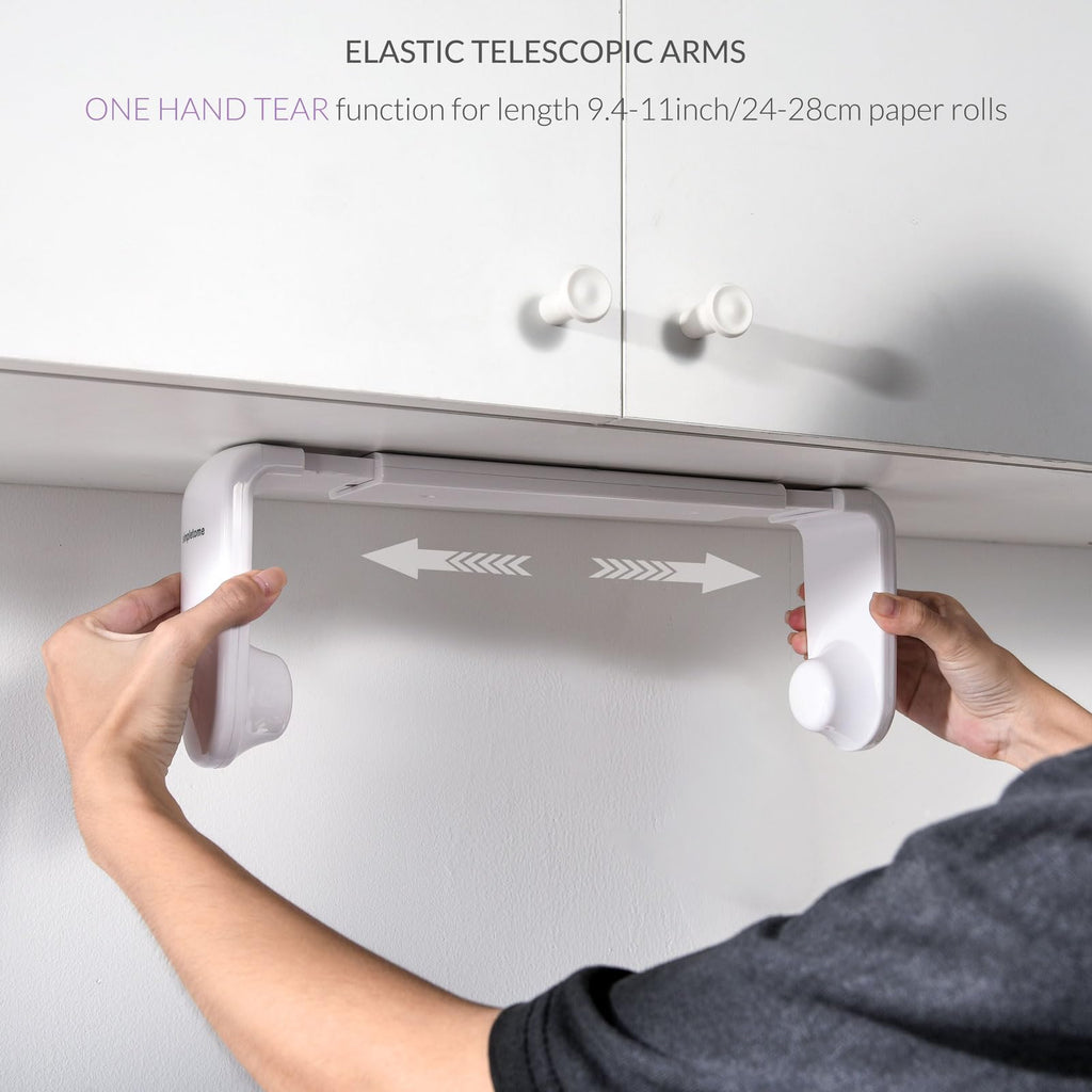 simpletome Paper Towel Holder ONE Hand Tear Adaptive Tension Arm Adjustable Length 9.4-11inch/24-28cm (Black) | adaptive adjustable tension arm | tear one/more sheets at one time | adhesive or drilling | abs plastic | easy to replace