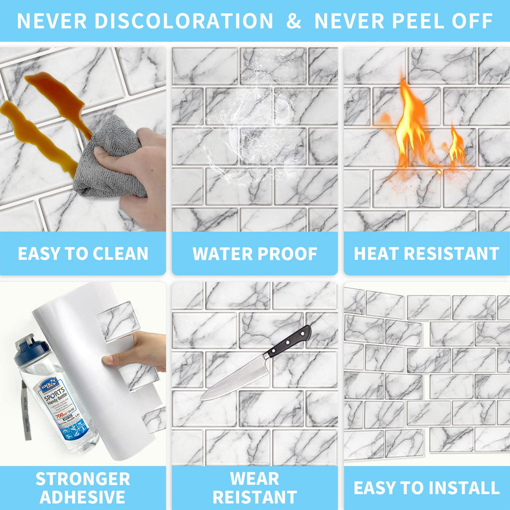 URCOLOR 10-Sheet Back Splashes for Kitchens Peel and Stick,12"x12" Self Adhesive Subway Wall Tiles Stick on backsplash Tiles for Bathroom Black Marble