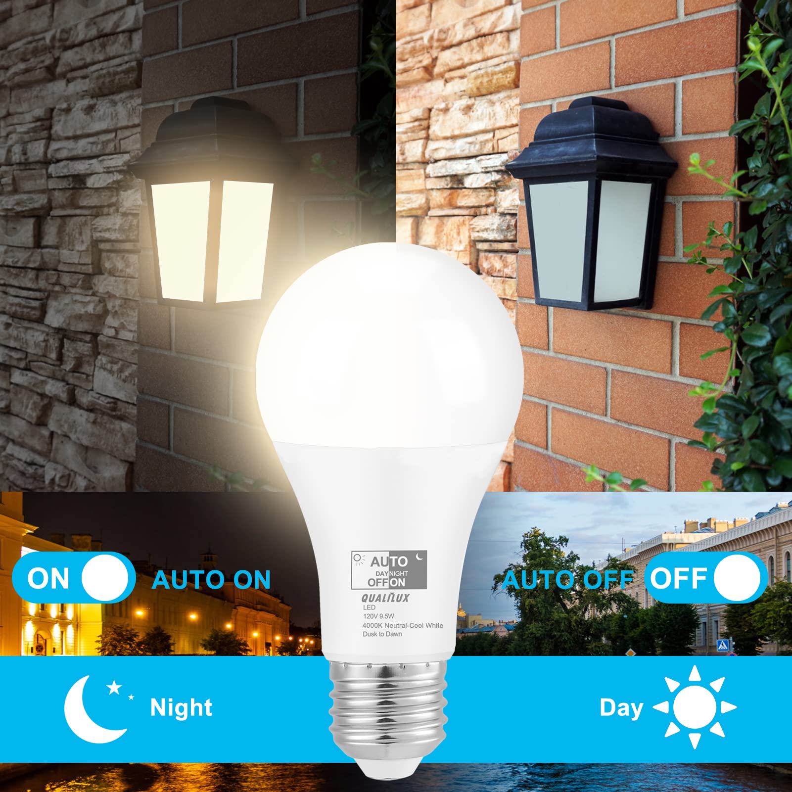Qualilux Dusk to Dawn A19 LED Light Bulbs 850LM, 60W Equivalent, Daylight, Energy-Efficient 9.5W, A19, E26 Base, 2-Pack, HQ-H011