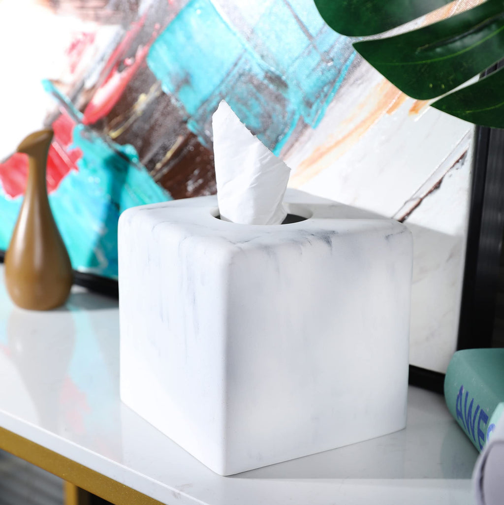 Hymmah Square Tissue Box Cover Holder with Tray,Unique Cube Design Tissue Dispenser Cover Decor for Vanity Counter Tops Also Great for Bedroom and Living Room