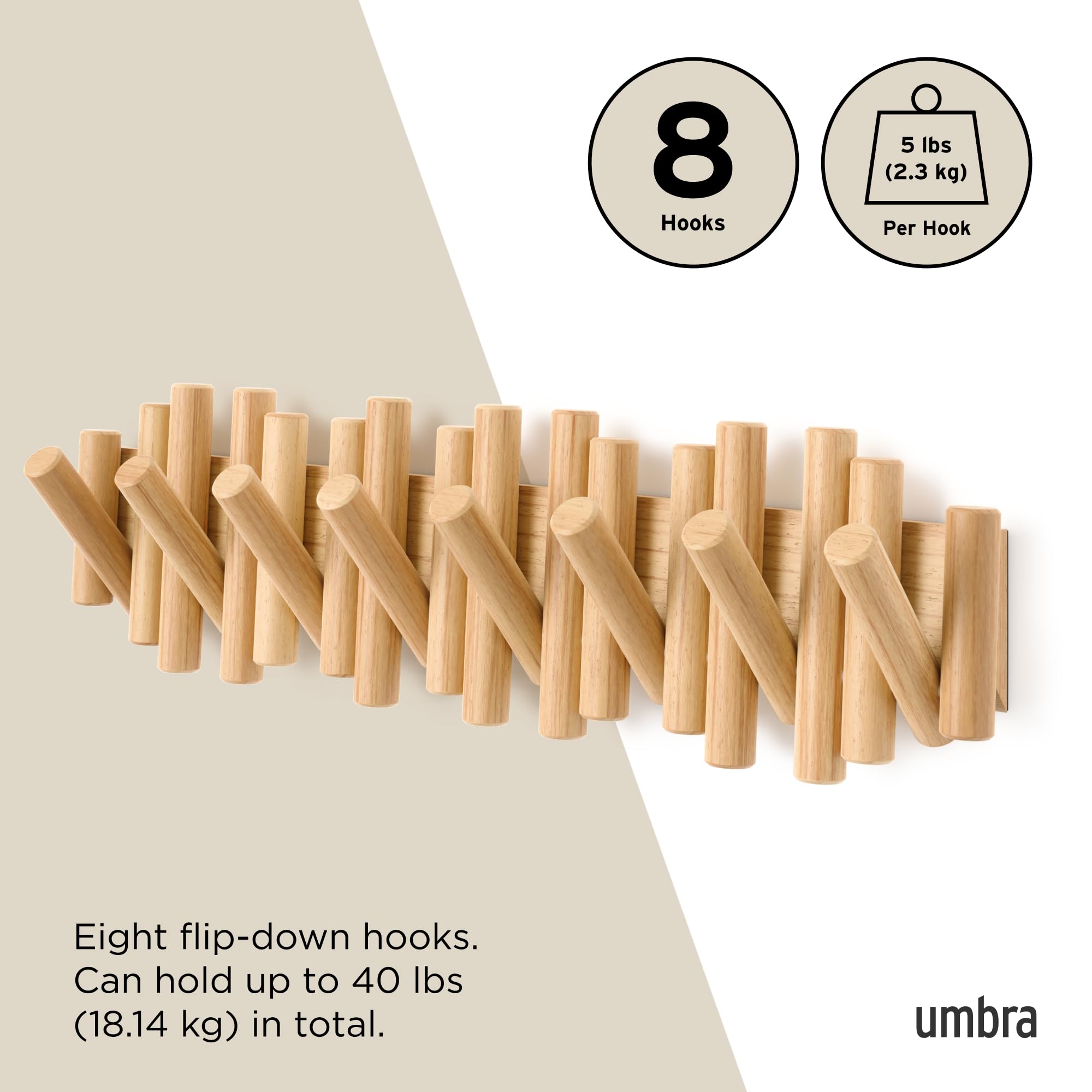 Umbra Picket Wall-Mounted Coat Rack Rail Hook with 5 Retractable Wood Pegs – Modern, Space-Saving Storage Organizer, Black