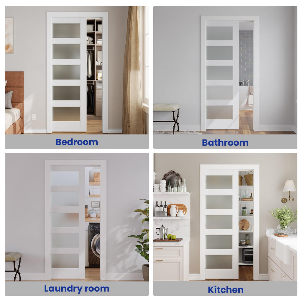 Sliding Pocket Door 24" x 80", 5-Panel Frosted Glass Panel with Soft Close Pocket Door Frame Kit, Interior & Closet Pre-Assembled Door Slab, White Primed