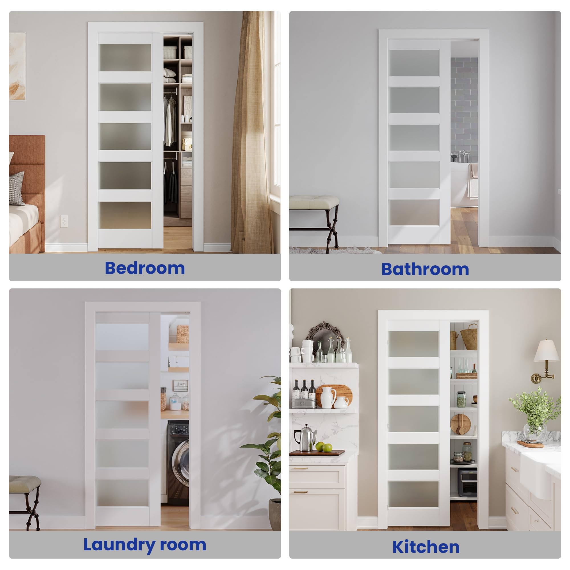 Sliding Pocket Door 24" x 80", 5-Panel Frosted Glass Panel with Soft Close Pocket Door Frame Kit, Interior & Closet Pre-Assembled Door Slab, White Primed