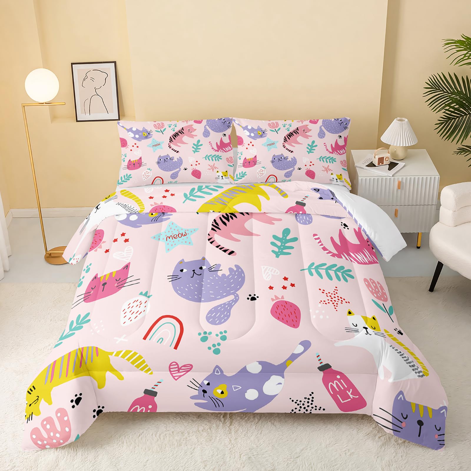 QOOMO Floral Cat Comforter Twin Size,Pink Cat Bedding Set for Kids Teens Girls,3Pcs Bedding Set Printed Comforter with 2 Pillowcases,Down Alternative,Soft and Lightweight(Pink，Twin Size)