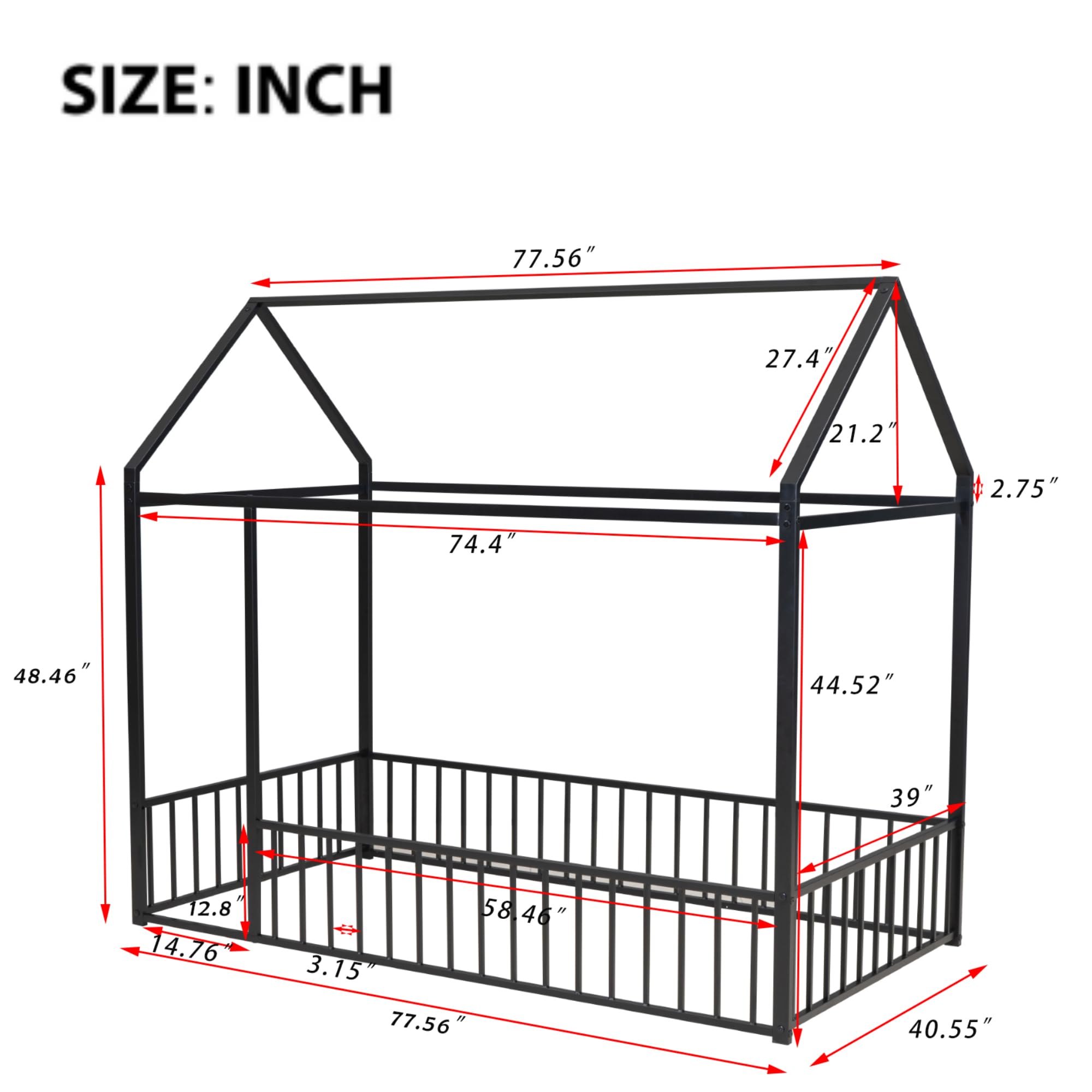 Bellemave Twin Size Montessori Floor Bed, Metal House Bed Framefor Kids, Montessori Floor Beds with Fence, Playhouse for Kids,Black