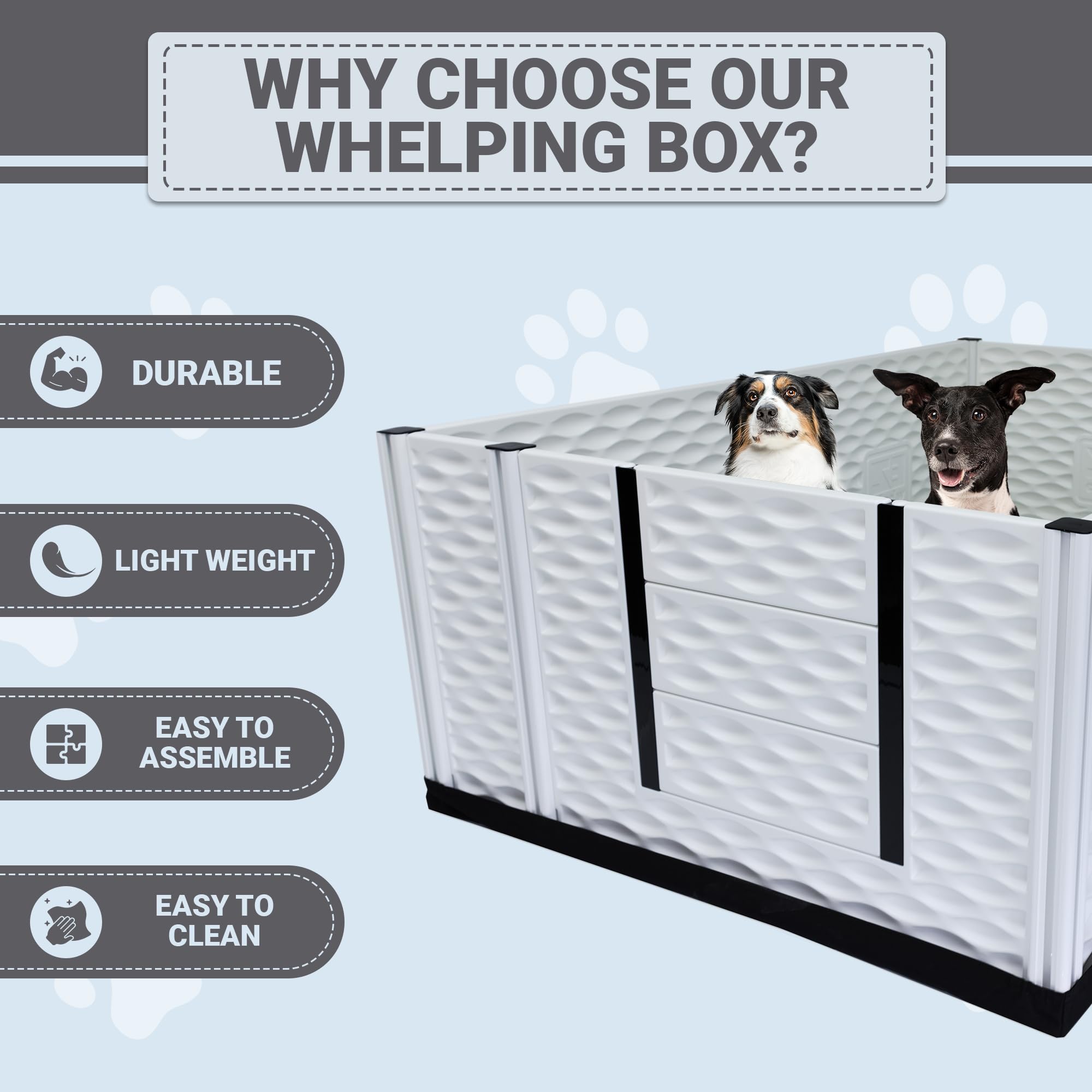 EZwhelp EZclassic Windowed 48"x48"x18" Whelping Box with Rails and Windowed Walls, Padded Dog Whelping Box, Black Pad