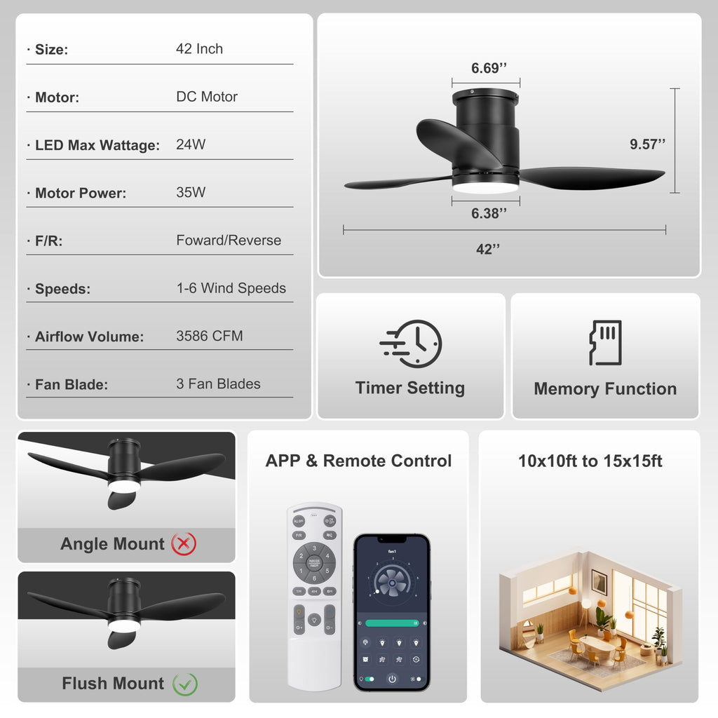 Ohniyou 42'' Flush Mount Ceiling Fans with Lights, Remote/App Control, Dimmable, Quiet Indoor/Outdoor Ceiling Fan for Covered Patio, Bedroom, Kitchen, Black