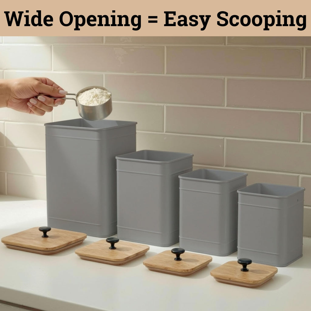 Kitchen Canisters for Countertop Set of 4 w/ Chalkboard Labels & Marker Pen | Airtight Easy Open Bamboo Lids, Dent-Resistant Thick Metal, Customizable Chalkboard Labels, Marker Pen Included, Set of 4