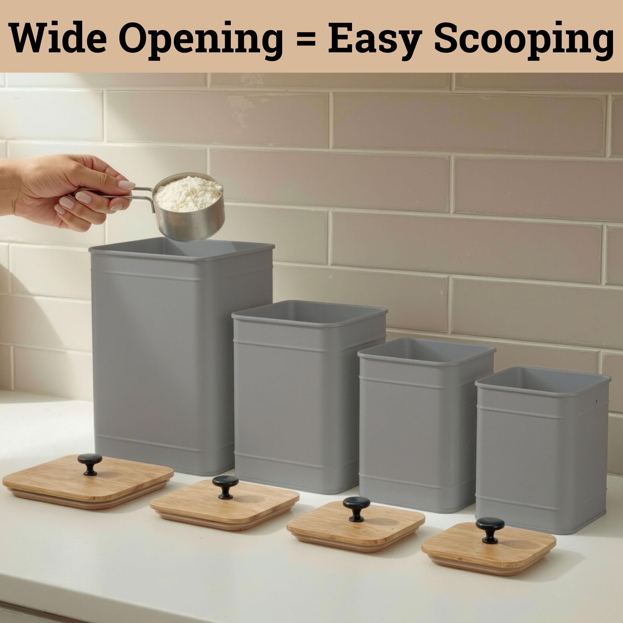 Kitchen Canisters for Countertop Set of 4 w/ Chalkboard Labels & Marker Pen | Airtight Easy Open Bamboo Lids, Dent-Resistant Thick Metal, Customizable Chalkboard Labels, Marker Pen Included, Set of 4