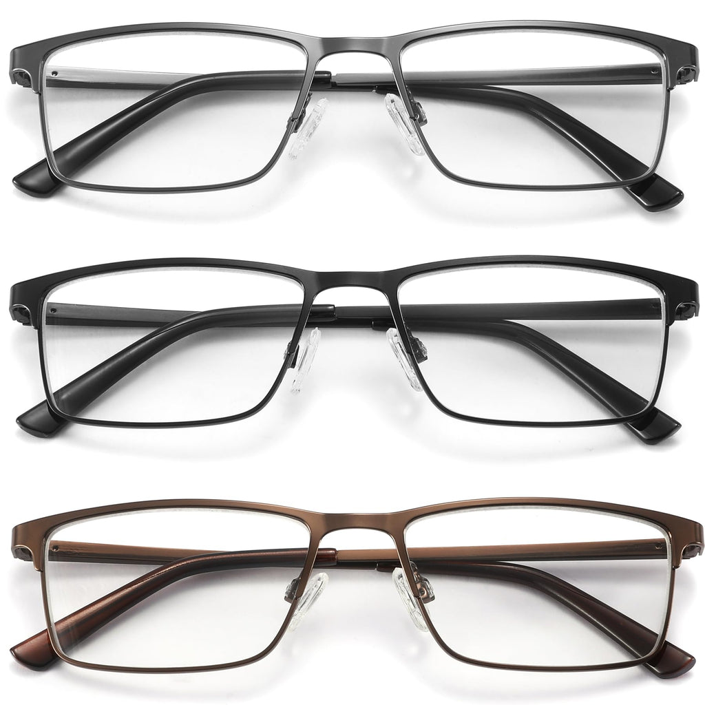 acavefox 3 Pack Blue Light Blocking Reading Glasses Men's Readers 1.0-4.0 | Accurate 1.0 Magnification, Anti UV, Lightweight and Sturdy, Metal Full Frame, Spring Hinge Eyeglasses