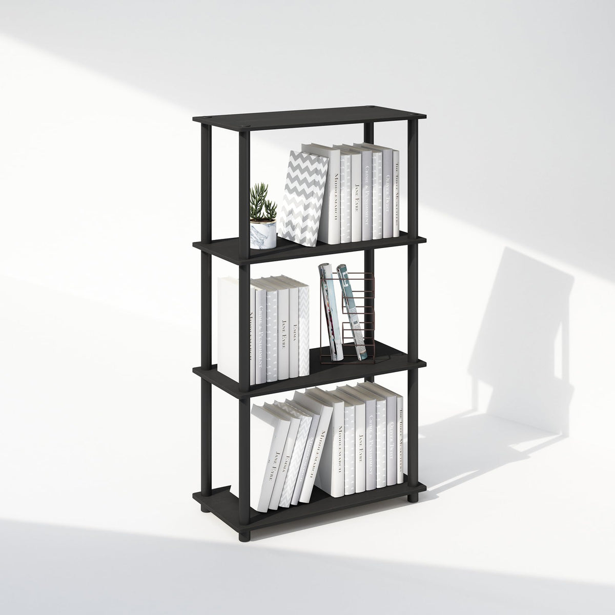 Furinno Turn-N-Tube Book Shelf, 4-Tier Bookshelf, Bookcase with Multipurpose Compact Display Rack, 11.6 x 23.6 x 43.2, for Living Room, Bedroom, Home Office, Americano/Black