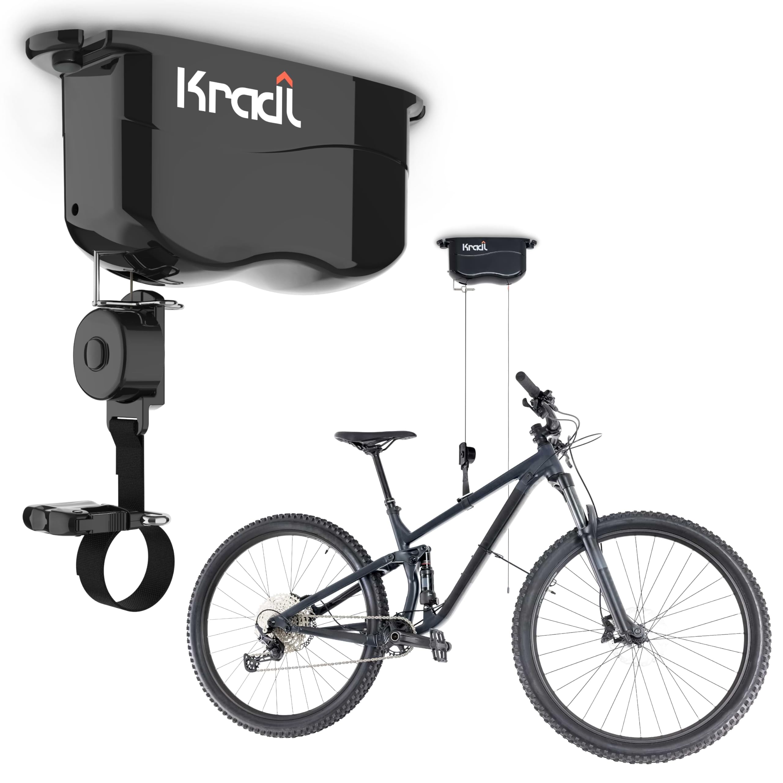 Kradl - Ceiling Mount Bike Lift and Rack. Bicycle Storage Hoist Without Electricity, Clumsy Ropes or Pulleys.