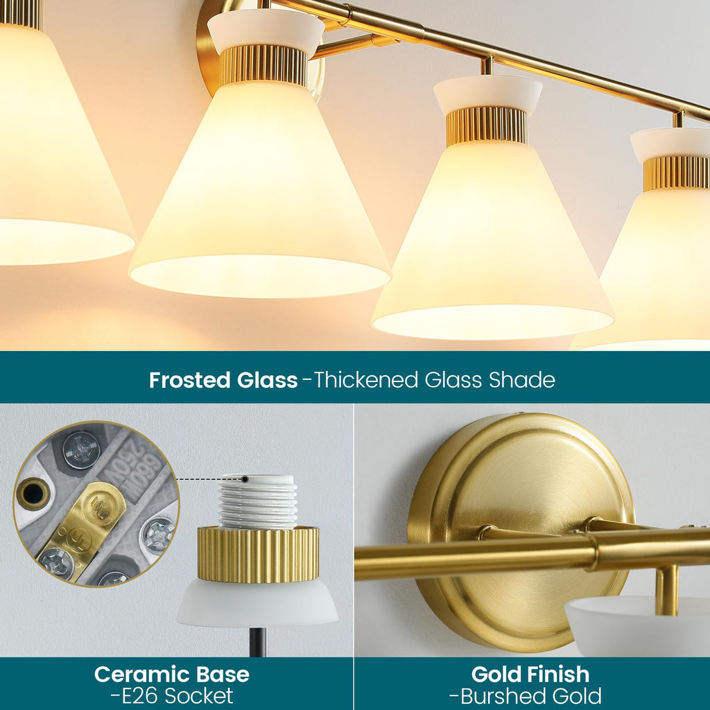 WOSHITU Gold Bathroom Light Fixtures: Modern Vanity Lighting Fixtures 2 Lights for Bathroom Mid Century Vanity Light Sconces Over Mirror with Frosted Milky Glass for Bath Bedroom Makeup