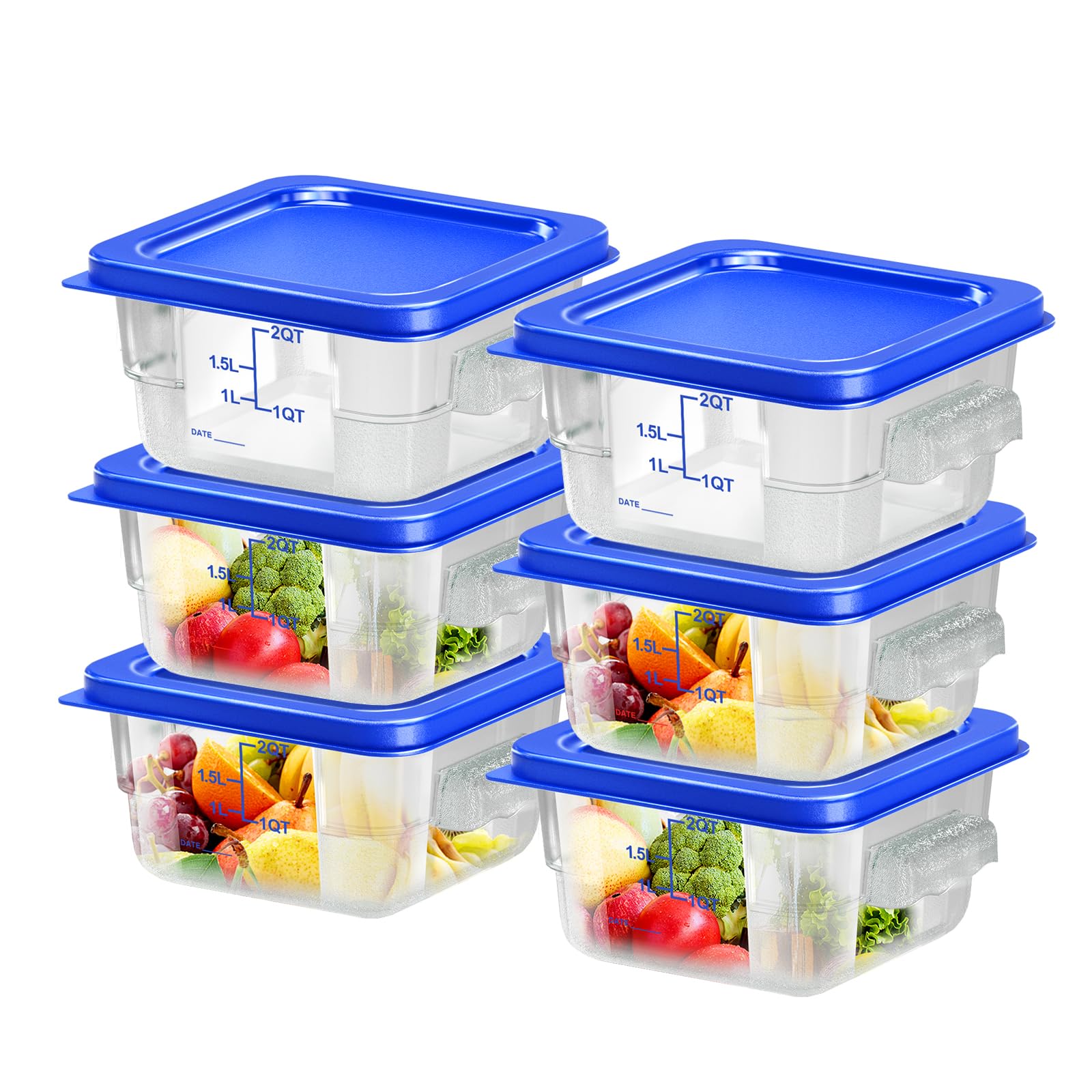 6 pcs 2qt Food Storage Containers with Lid, Square Clear Commercial Storage Containers with Handle and Scale for Food Storage in Home Kitchen & Dining (Green)