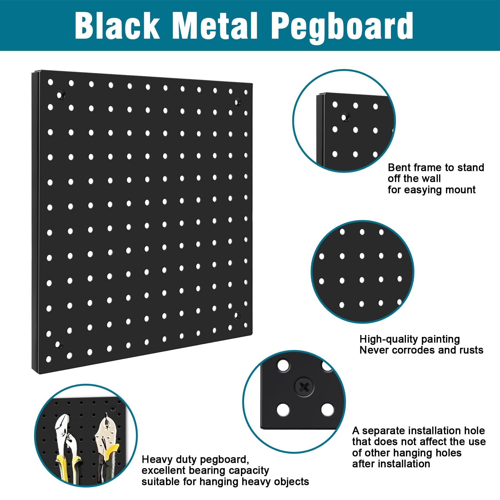Peg Board,Steel Organization Panels, Ideal for Garage Tool Storage, Office Organization, Craft Room, Kitchen,Pack of 4 (Black, 4-12X12)
